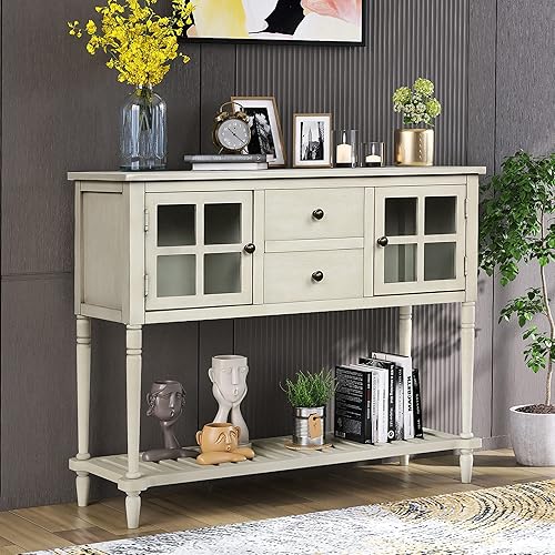 Miniatura 3 de Mesa consola con cajones y gabinete mesa de entrada de granja con almacenamiento mesa de doble piso 2 gabinetes y mesa de sofá estrecha de 6