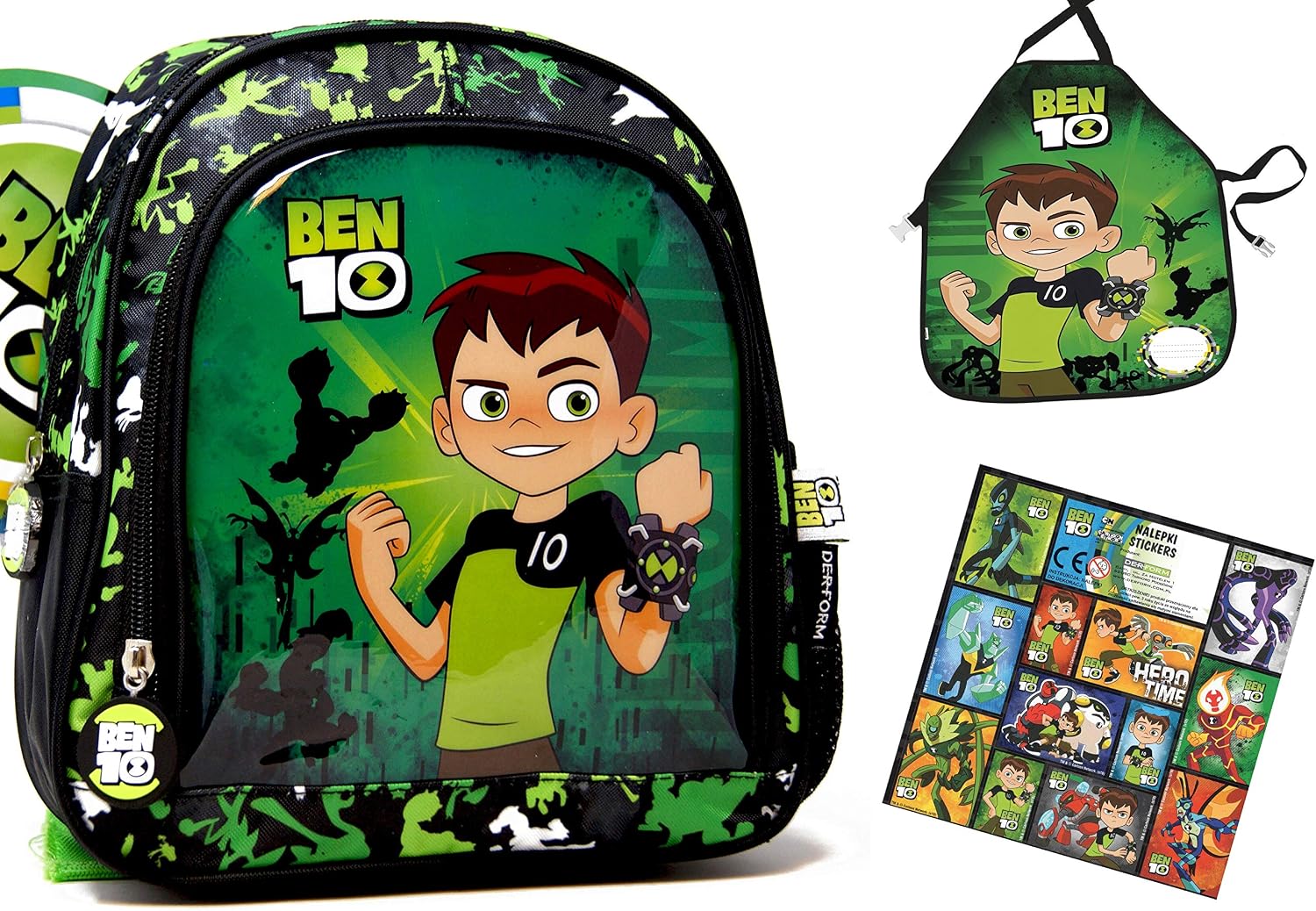 Ben 10 – Set da 2 pezzi, composto da: zaino per l'asilo adatto a contenere  il cesto per il pranzo e una borraccia (27 x 23 x 10 cm) + un grembiule