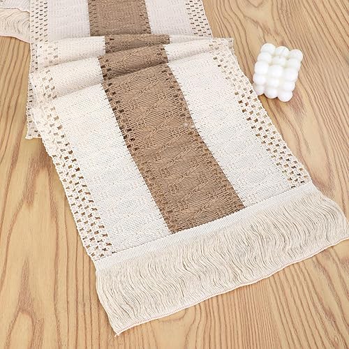 Camino de mesa, 2 caminos de mesa bohemios con borlas, tejido a mano de algodón y lino, camino de mesa para cocina bohemia y mesa de comedor (12 x