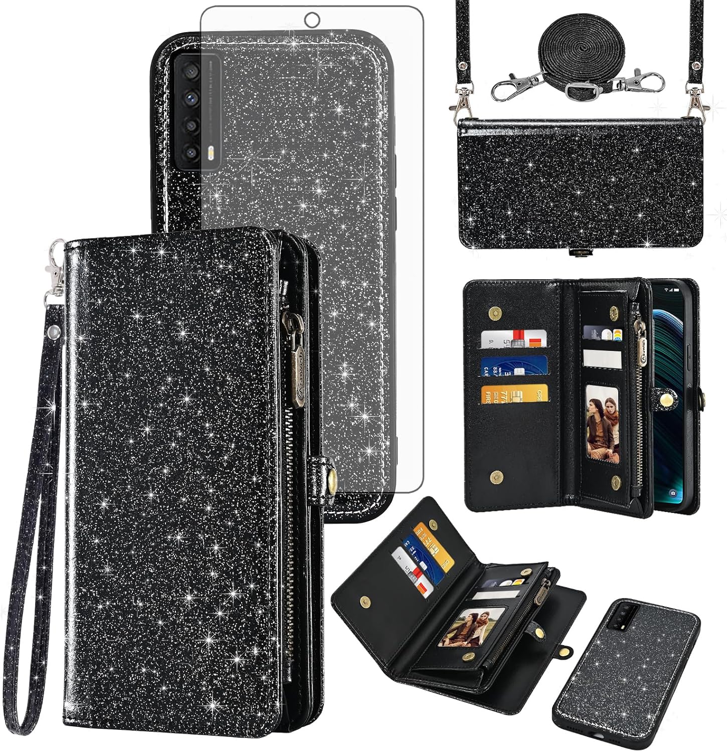 Asuwish Phone Case for TCL Stylus 5G 2022 Zipper Wallet Detachable Cell Cover with Tempered Glass Screen Protector Lanyard Wrist Strap Flip Credit Card Holder Slot TLC Stylo G5 6.81 T779W Women Black