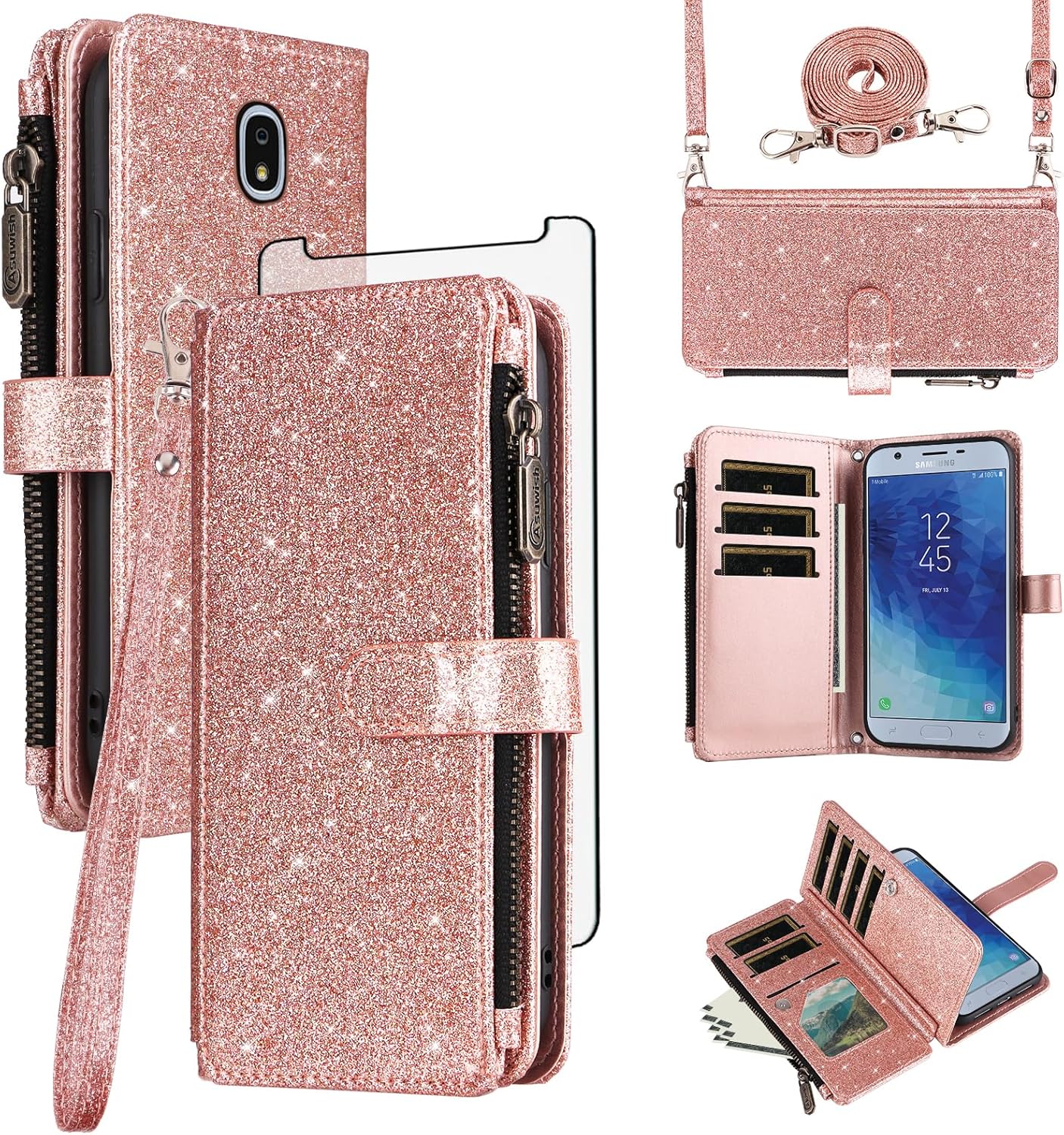Asuwish Phone Case for Samsung Galaxy J7 Star J 7 Crown 7J Refine 2018 J7V V 2nd Gen Wallet Cell Cover with Screen Protector Strap Glitter Flip Credit Card Holder Aura S767VL SM J737V Rose Gold
