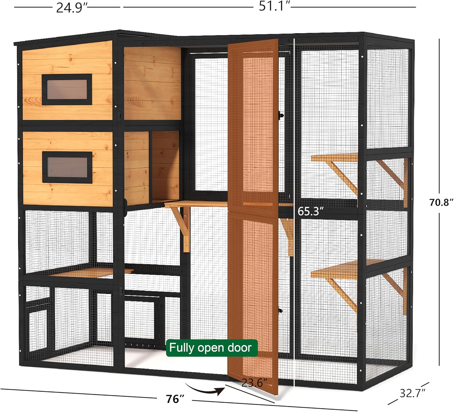 Catio Outdoor Cat Enclosure, Large 4 Tiers Cat Catio Connect to Window for Outdoor Indoor Cats with Weatherproof Roof, Resting Rooms, Platforms, Large Door, 76" L x 32.9" W x 70.8" H, Black
