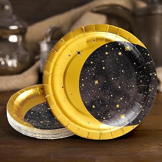 Cheerland Gold Metallic Foil Star and Moon Paper Plates for Galaxy Theme Party Tableware Set Starry Night Outer Space Birthday Party Table Decorations Twinkle Twinkle Little Stars (24, Gold)