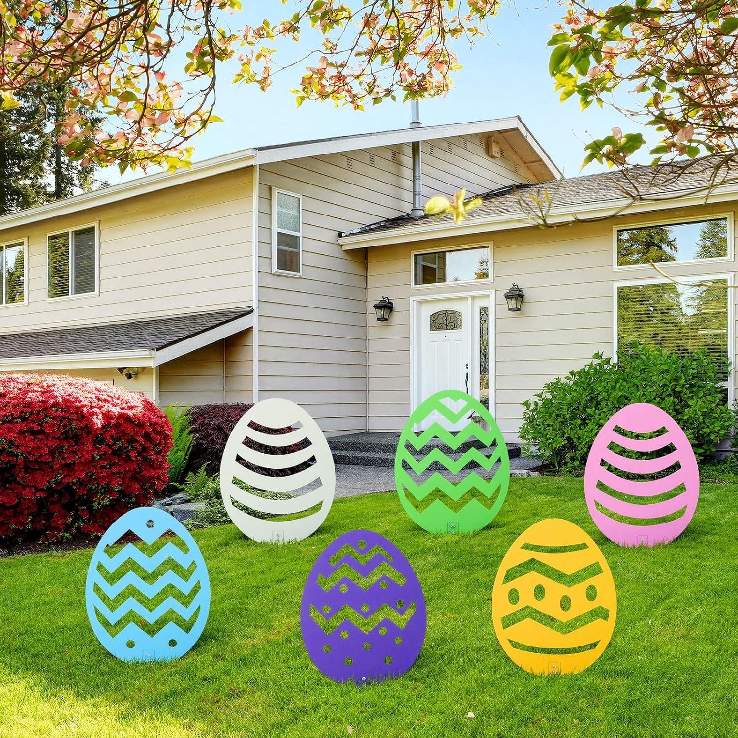 LEIFIDE 6 Pcs Metal Easter Egg Yard Signs Stakes Easter Decorations Outdoor Waterproof Yard Decor Egg Hunt Signs for Spring Front Garden, Lawn & Garden Party Decor