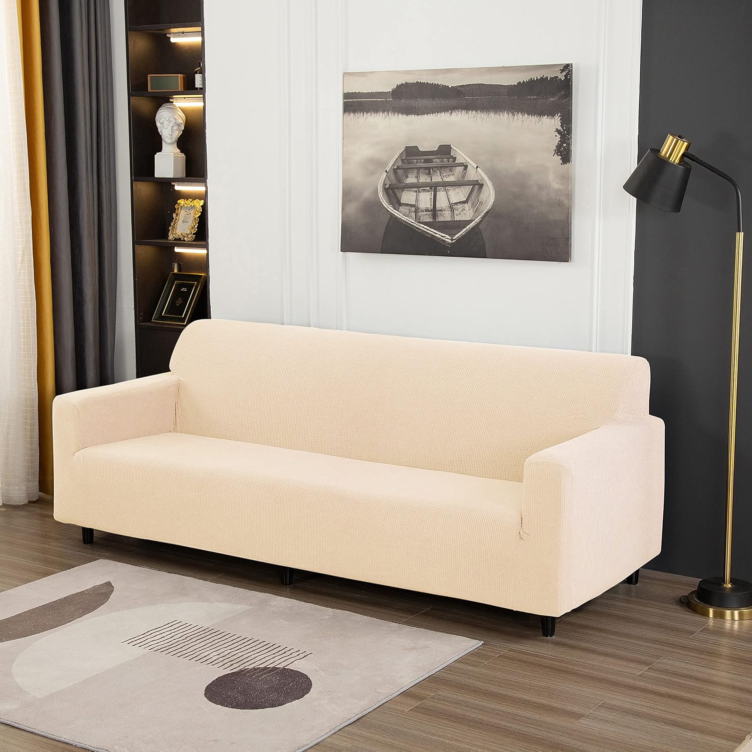 3 Pcs Sofa Cover Set, for Couch Sofa, Loveseat, Armchair, for 1 2 3 Seater Slipcover, Checks Jacquard Velvet Furniture Covers for Sofa and Loveseat (Beige, 3Pcs(Sofa+Loveseat+Armchair))