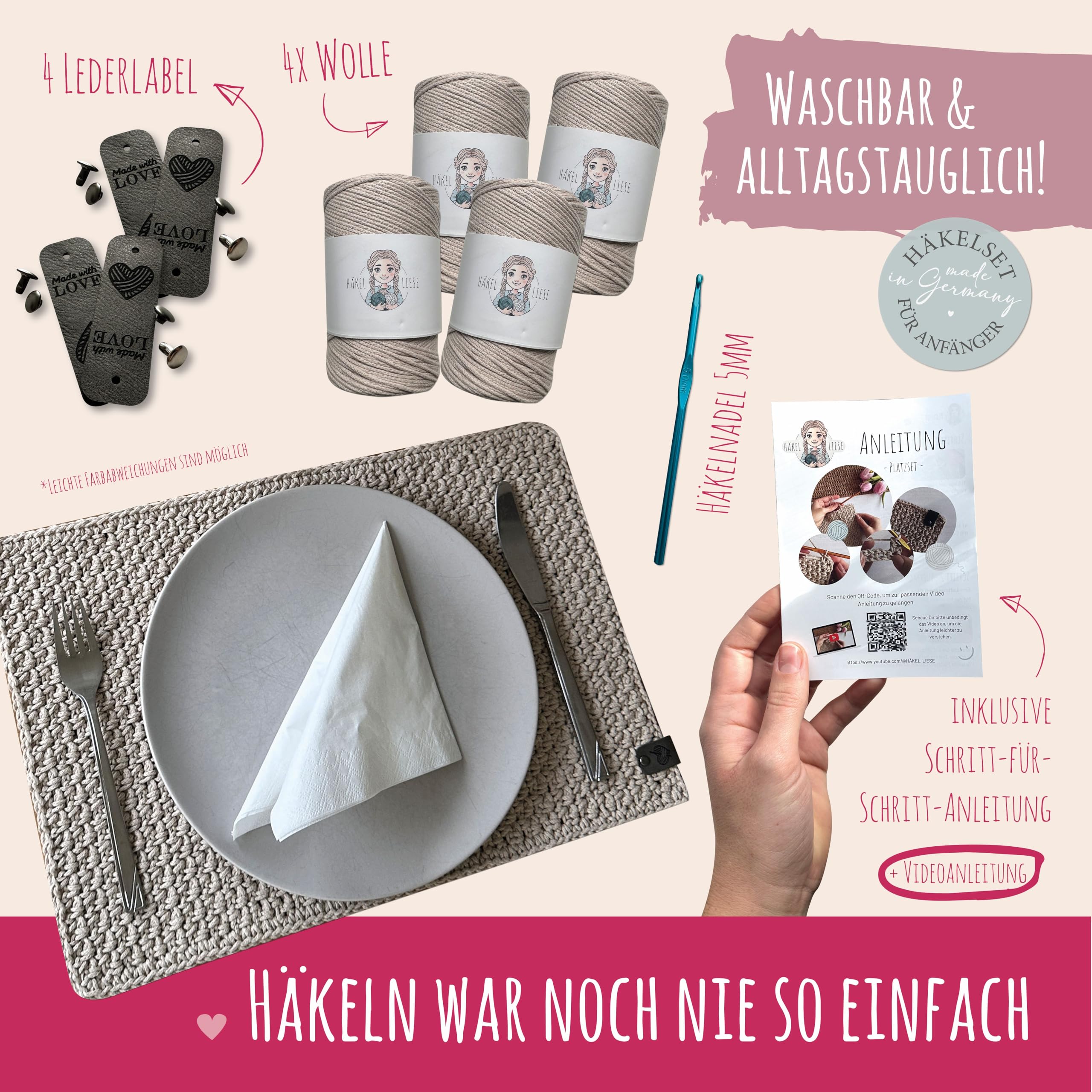 HÄKEL LIESE Kit de crochet pour débutants - Sets de table au crochet et sets de table en tissu - Kit de crochet DIY pour adultes pour apprendre au crochet - Lot de 2 ou 4 (4, beige)