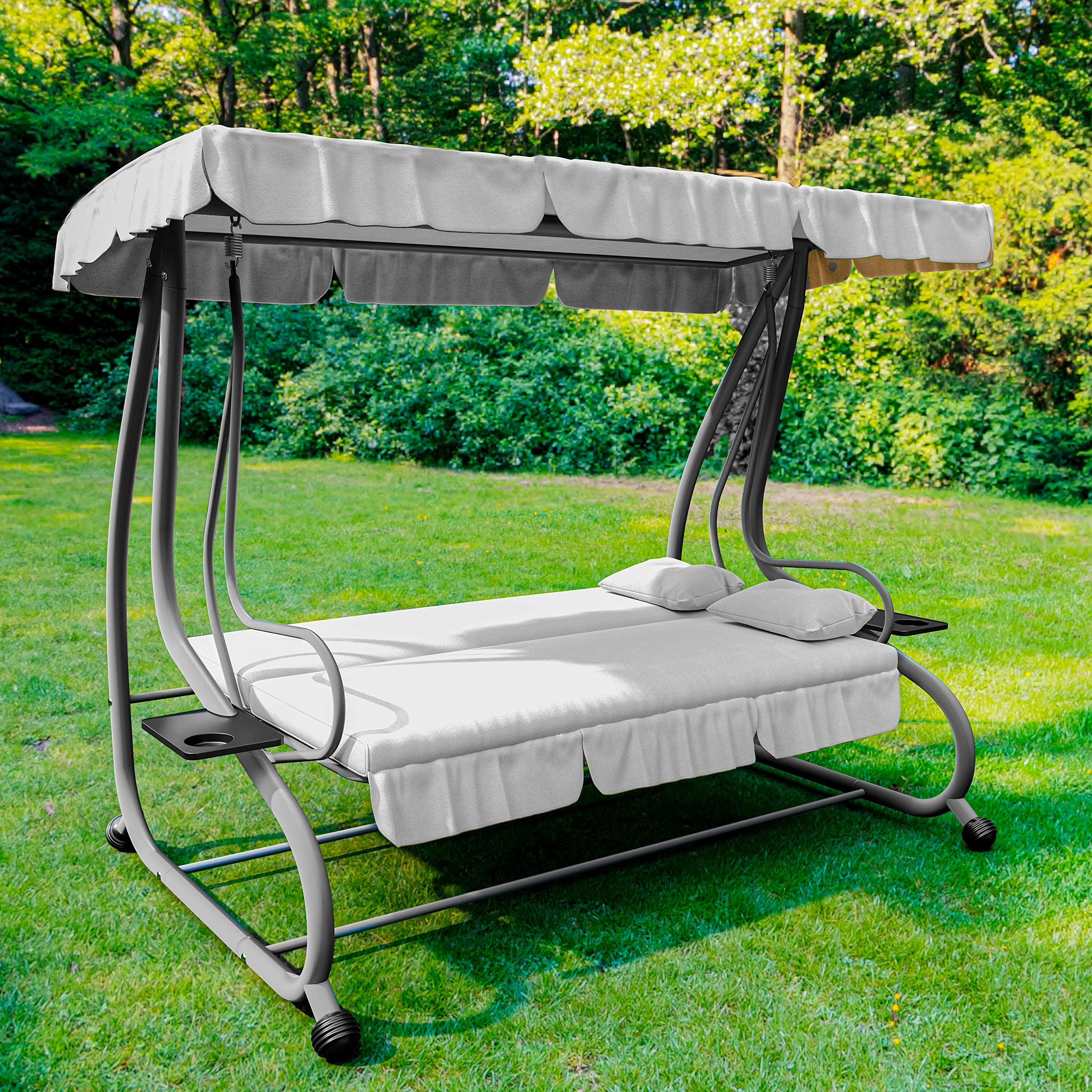 Dondolo Reclinabile 3 Posti Con Cuscini Imbottiti Parasole Tettuccio Regolabile Diventa Letto Struttura Acciaio Robusto Verniciato Giardino Esterno Balcone Terrazzo Piscina 200 x 120 x 160 cm Grigio