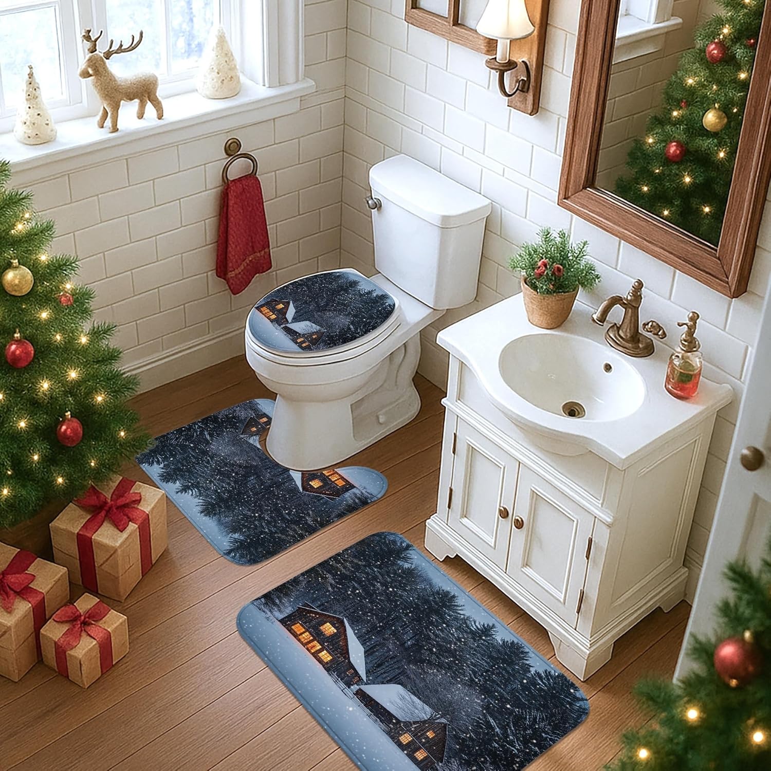 4PCS Winter Farmhouse Christmas Bathroom Sets, Bath with Non-Slip Rug, U Shape Toilet Lid Cover Mat, Forest Country Barn Xmas Bathroom Decor-72''x72''