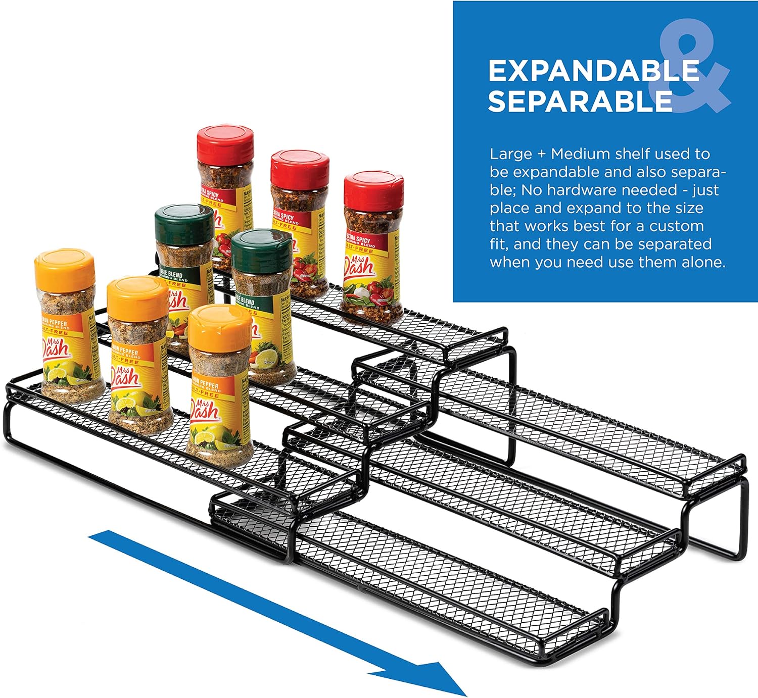 3 Tier Expandable Spice Rack Organizer for Cabinet, Black Modern Pantry Kitchen Countertop Stand 3 Step Shelf - Expands 12 to 24 Inches: Home Improvement