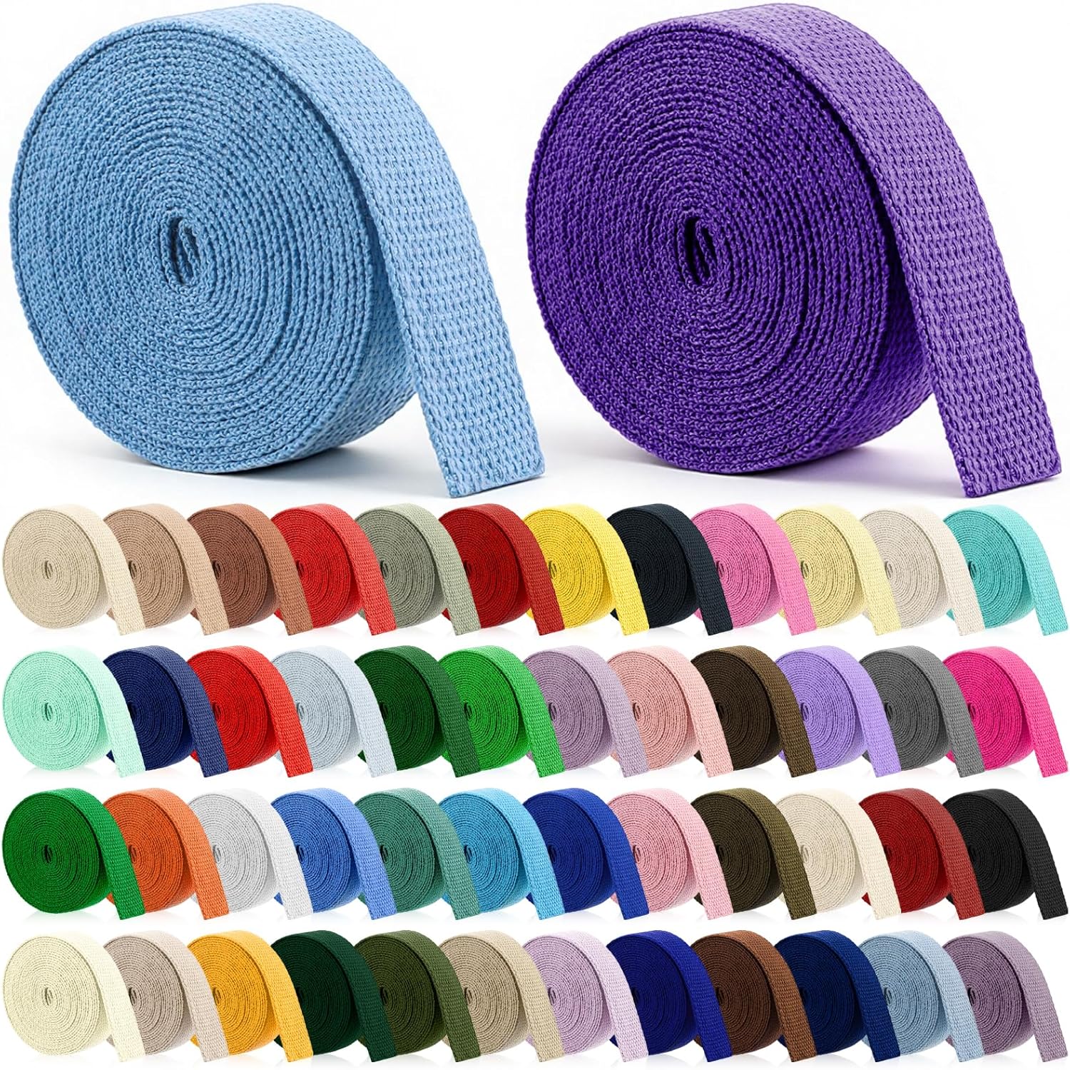SHENLIU 50 Rolls 1 Inch Heavy Cotton Webbing, 165 Yard 50 Color Polyester Cotton Tote Bag Webbing Strap for Making Bag Handles Cloth Belt Crafts Outdoor Accessories Supplies