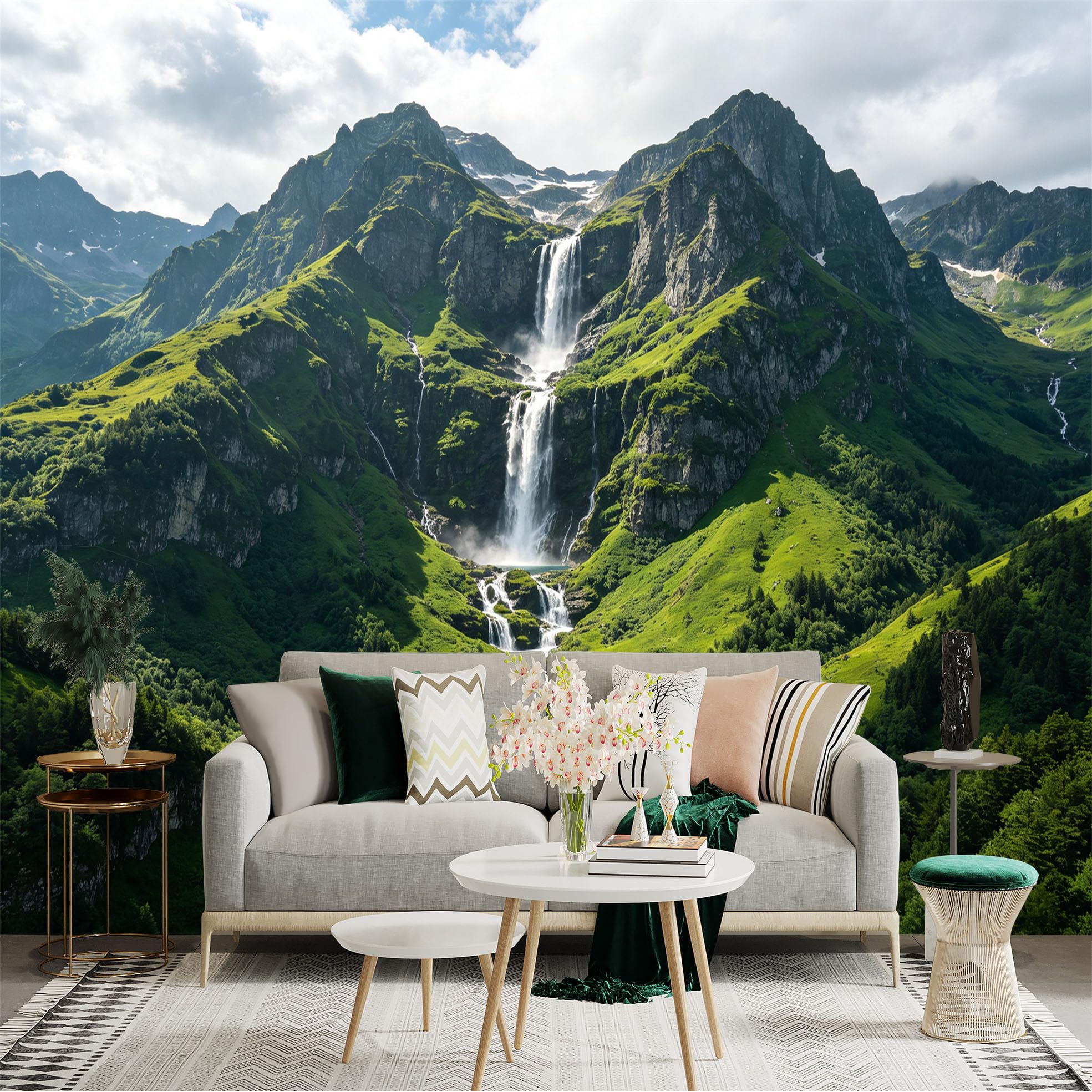 Custom Size Wall Sticker Mural， Majestic Waterfall， Green Mountain Peaks， Scenic Alpine Lake， Nature Landscape， for wall Decoration， peelandstick wall Decals.