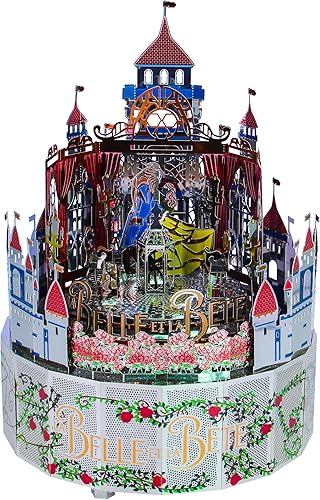 Microworld Rompecabezas de metal 3D, caja de música de La Bella y la Bestia, kit de modelo de metal con luz LED colorida, modelo de tierra de metal,
