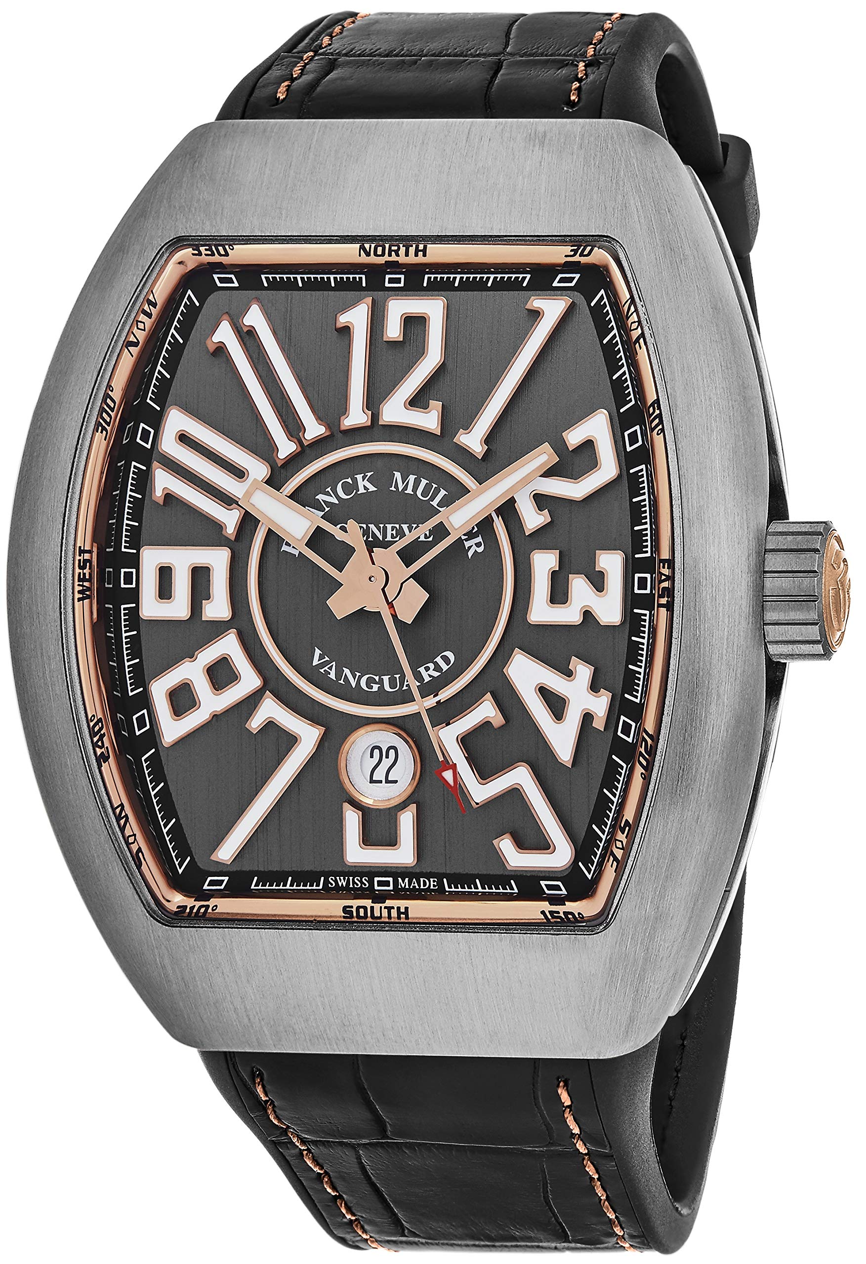 Franck Muller Vanguard メンズ チタン スイス製 自動巻き 腕時計 - トノー グレー 文字盤 夜光針 日付 サファイアクリスタル - ブラックレザー/ラバーストラップ V 45 SC DT TT BR 5N