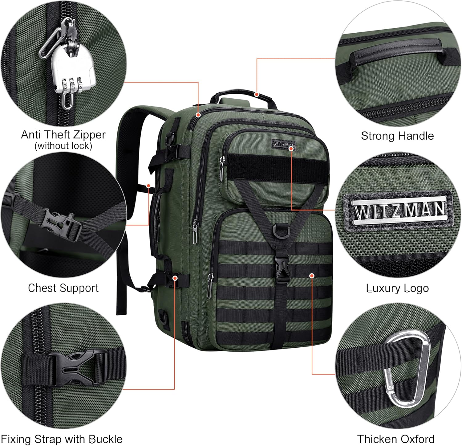 WITZMAN Carry On Travel Backpack for Men Large Convertible 45L Fit 17 Inch Laptop Backpack 3 in 1 Bag for Airline Approved(B688 Army Green) - Image 5