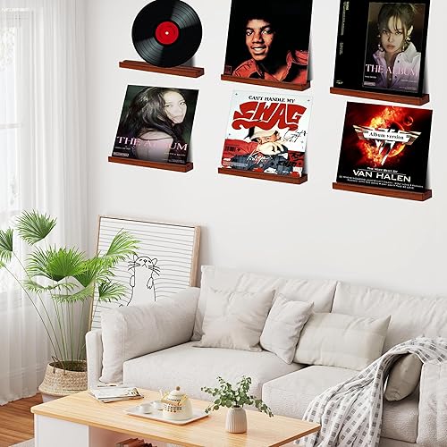 Miniatura 2 de Sapele - Soporte de pared para discos de vinilo de madera, paquete de 6 estantes de discos de vinilo de 12 pulgadas, estantes flotantes vintage para