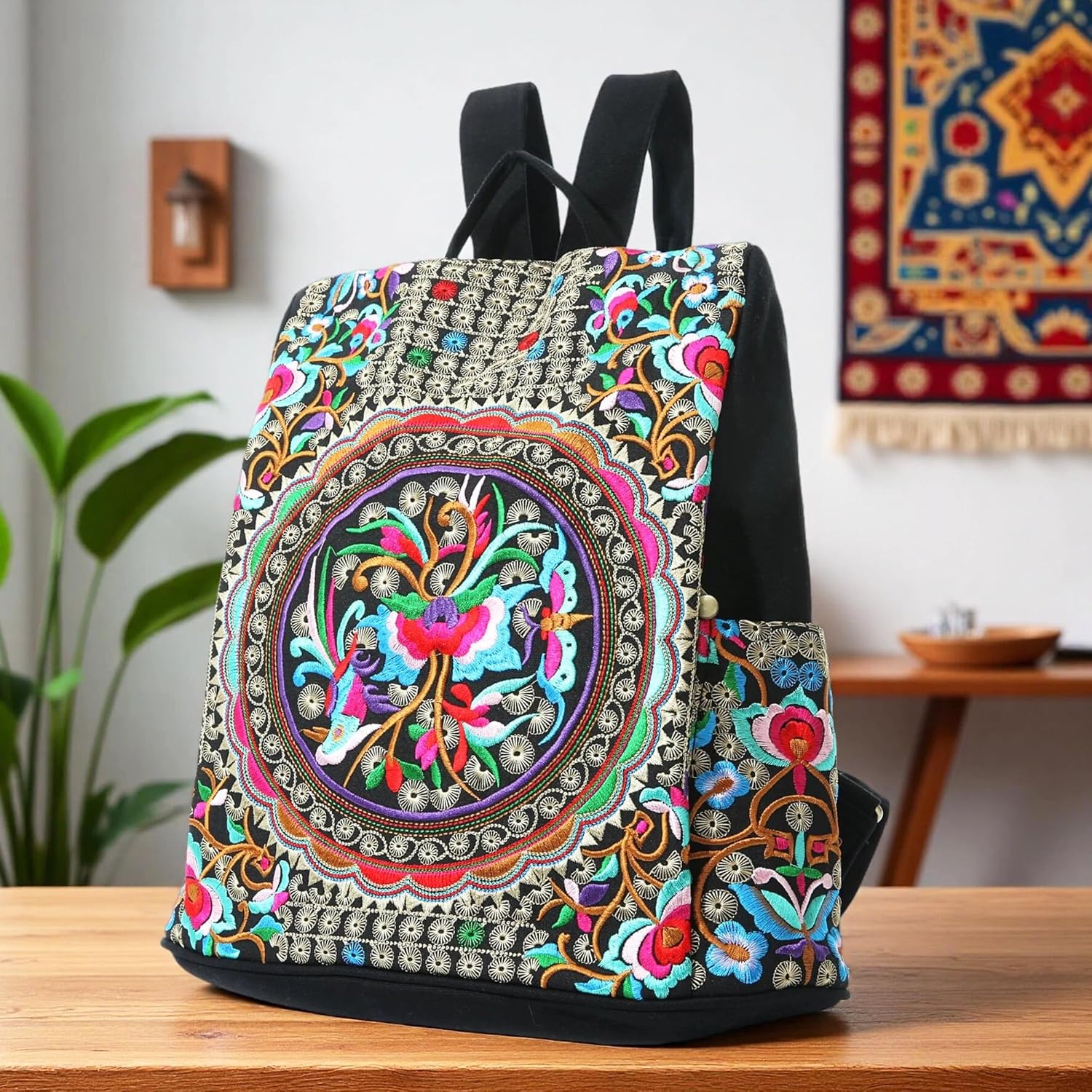 Jursccu Embroidered Women Backpack Purse, Fashion Canvas Travel Anti-theft Rucksack Shoulder Bag (Flower Embroidery) - Image 2