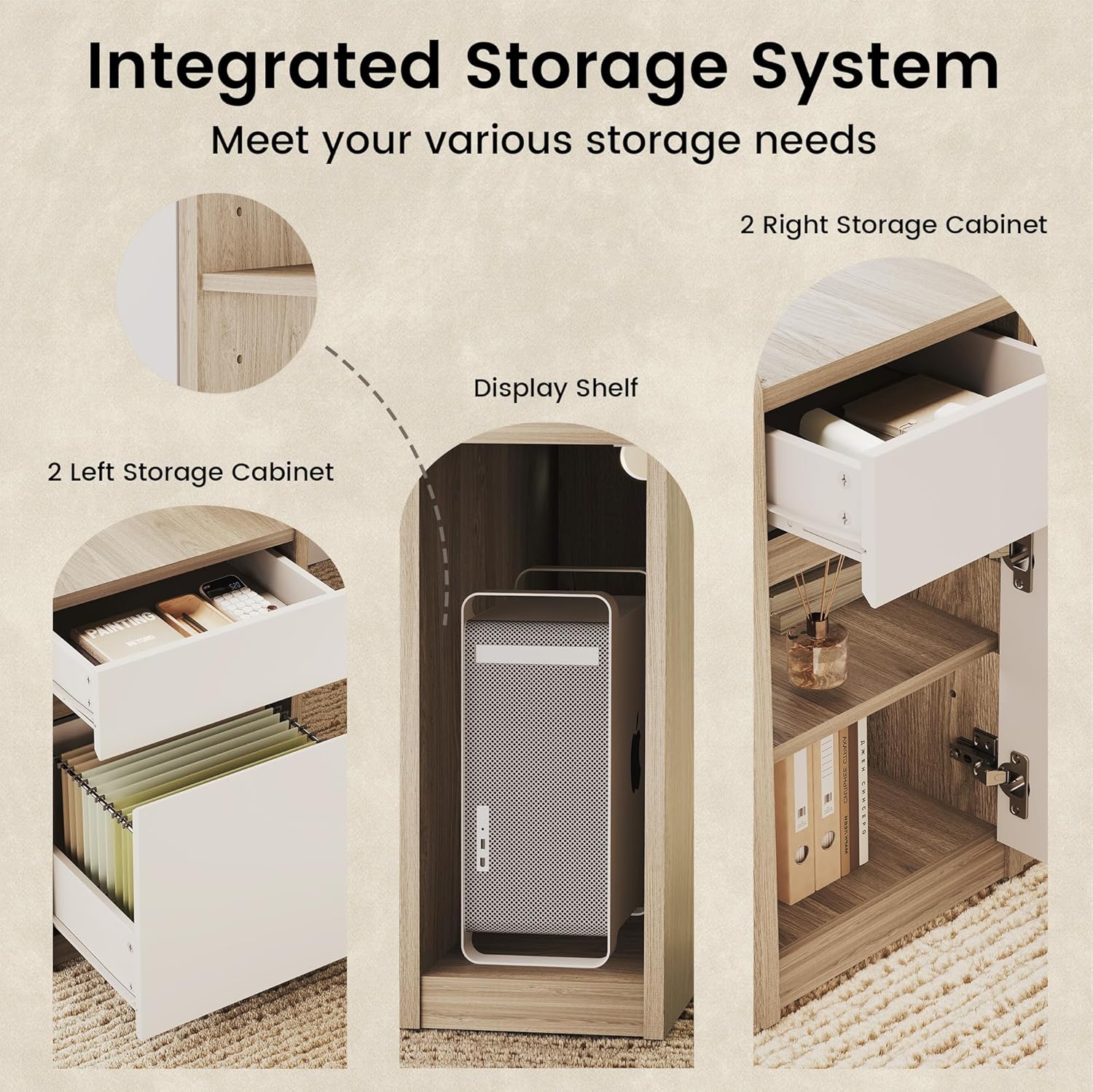 Furniture Set, 70.8'' Executive Standing Desk with 71'' Tall Bookcase, AC/USB, File Cabinet, Double-Sided Narrow Display Shelves, Home Office Wood Storage Furniture, Light Walnut