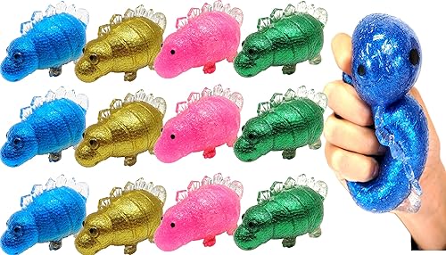 Miniatura 9 de Bola para ansiedad brillante de dinosaurio llena de purpurina (4 dinosaurios), bola de dinosaurio elástica para aliviar el estrés, juguete para