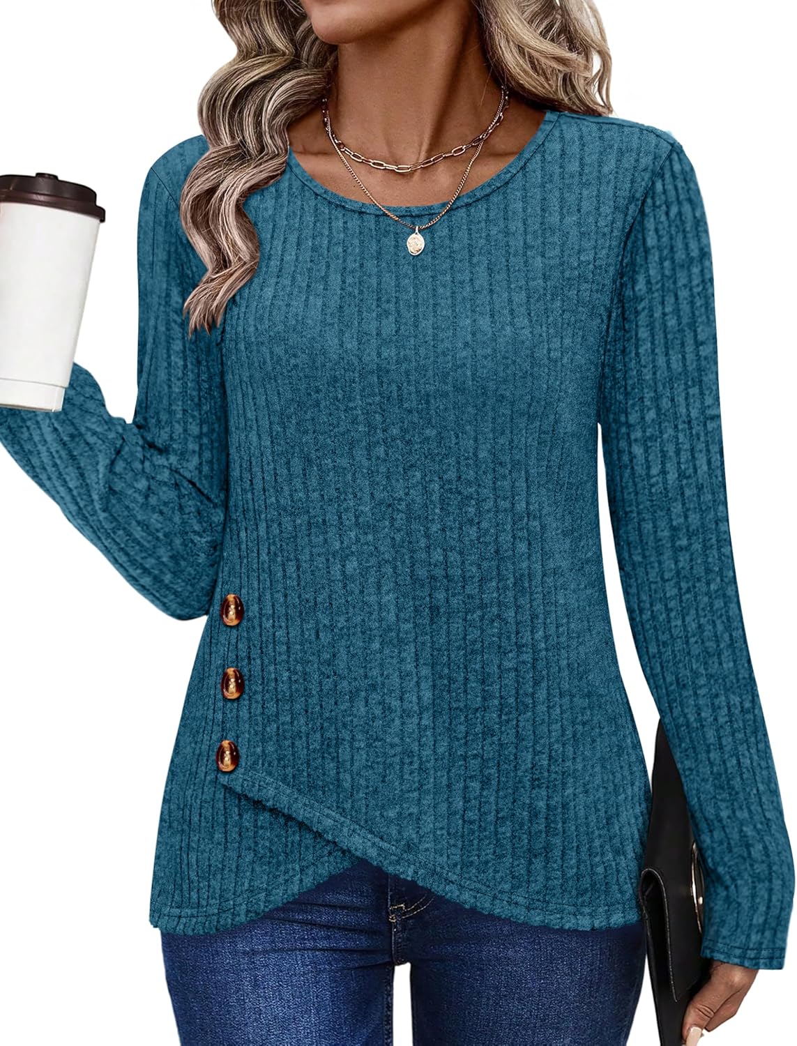 XIEERDUO Tunic Sweaters for Women Long Sleeve Shirts Crew Neck Tops with Buttons Fall Fashion Outfits Winter Clothing