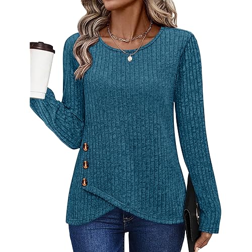 XIEERDUO Tunic Sweaters for Women Long Sleeve Shirts Crew Neck Tops with Buttons Fall Fashion Outfits Winter Clothing