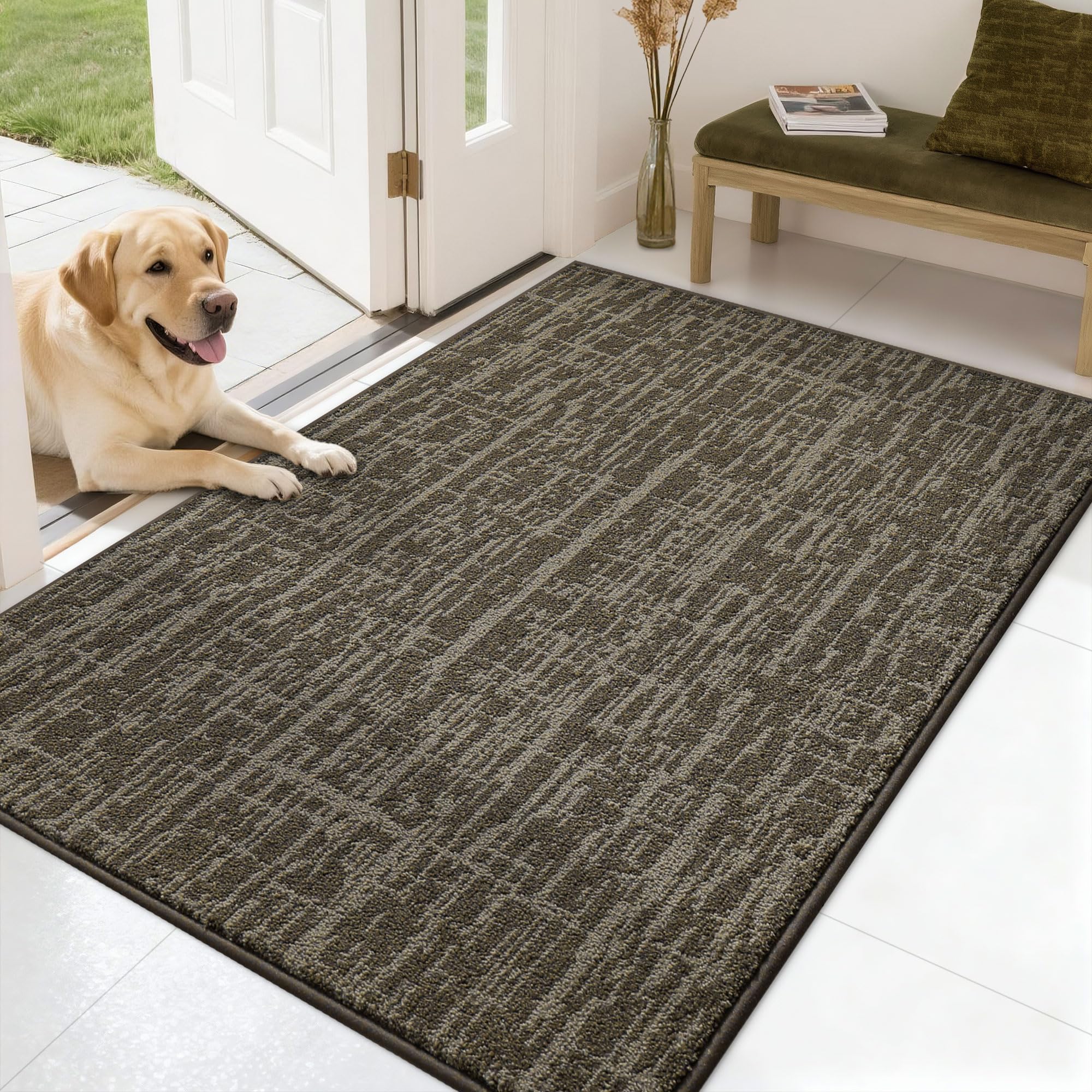 Paillasson d'entrée absorbant COSY HOMEER tapis paillasson lavable marron clair 81x121