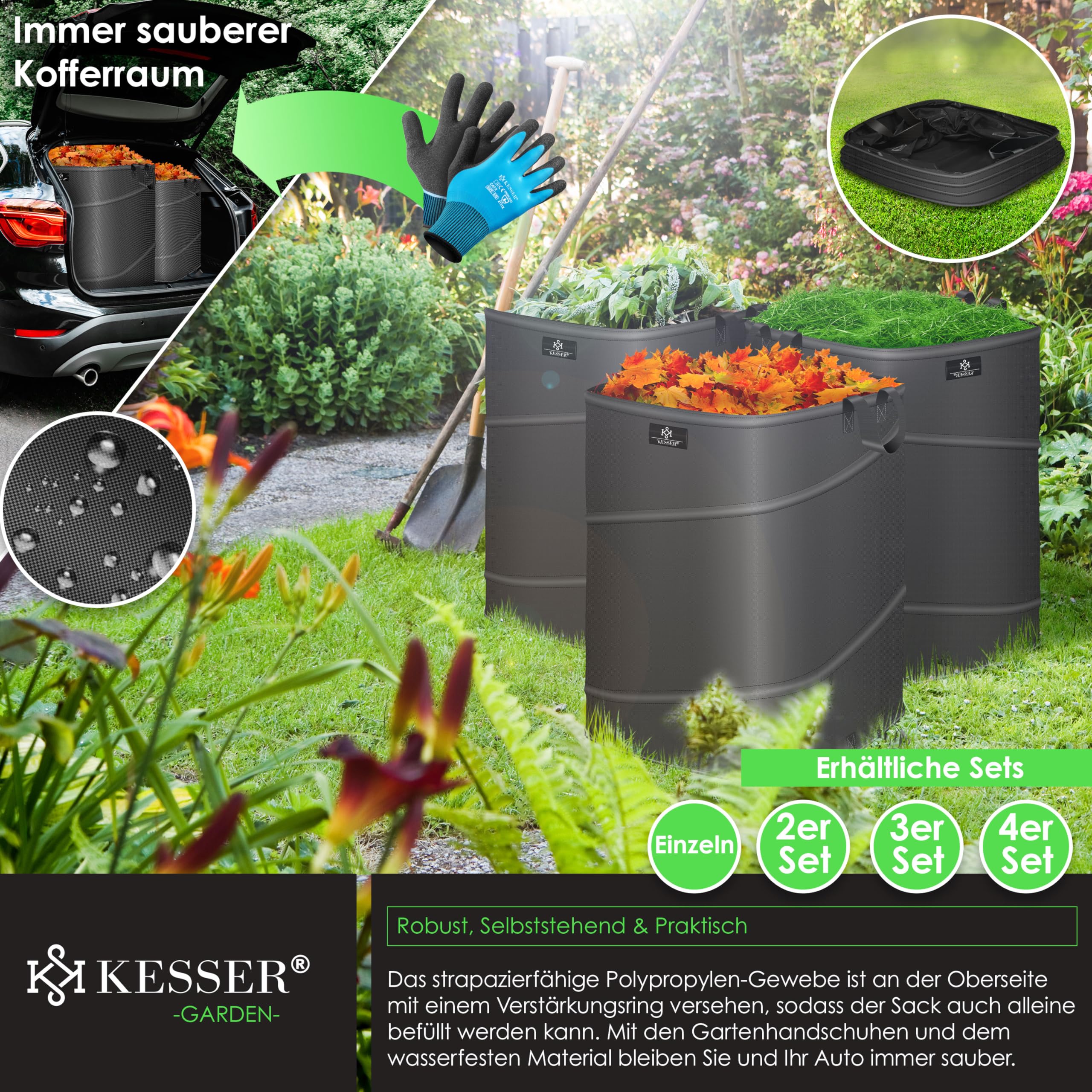 KESSER® Set di Sacchi da Giardino Pop-up - 4x 175 Litri, Sacco per Rifiuti da Giardino con Guanti, Autoportante con Maniglie, Robusto, Robusto e Richiudibile, Antracite/Nero