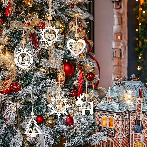 Miniatura 7 de Adornos para árbol de Navidad del país de las maravillas de invierno, paquete de 24 adornos colgantes de madera para decoración de Navidad rústica