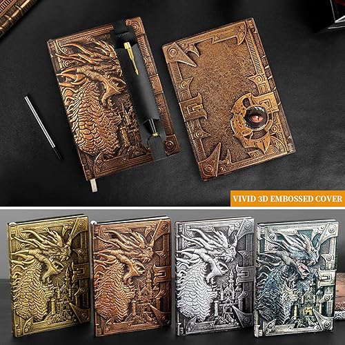 Miniatura 6 de DND - Cuaderno de Dungeon and Dragon de cuero en relieve 3D, diario de dragón con bolígrafo negro y funda para bolígrafo, diario de viaje vintage