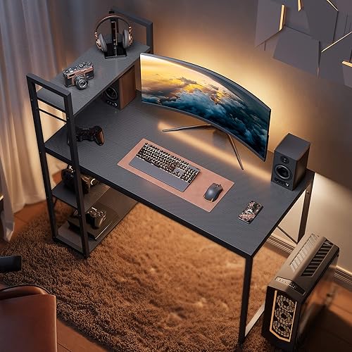 Miniatura 4 de Bestier - Escritorio para computadora con estantes de almacenamiento, escritorios de oficina en casa de 55 pulgadas con estantería reversible, con