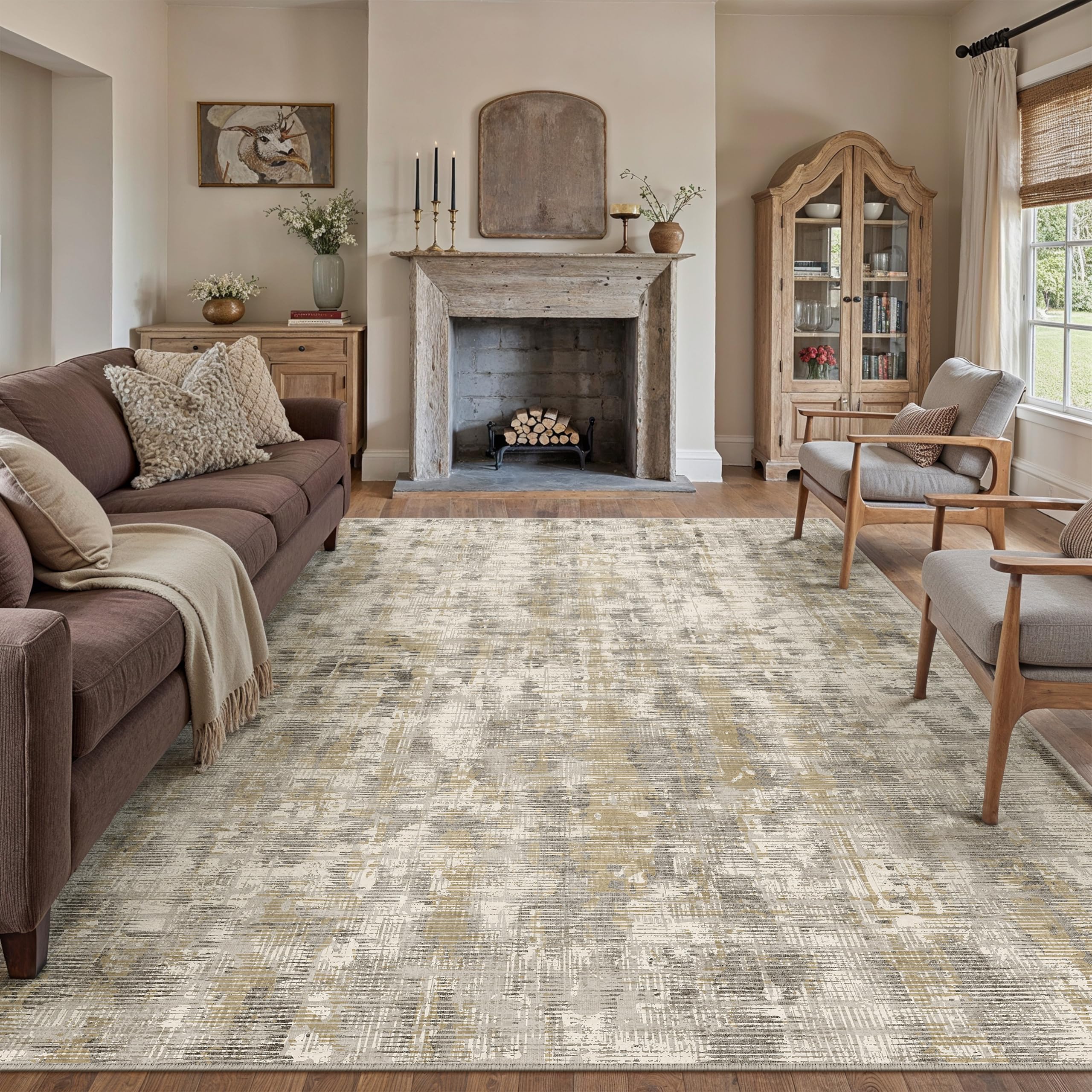 PureCozy Rugs Living Room Brown Area Rug 300x400cm Bedroom Washable Non Slip Large Boho Abstract Neutral Carpet Lounge Dining Room Office Low Pile Soft Carpets