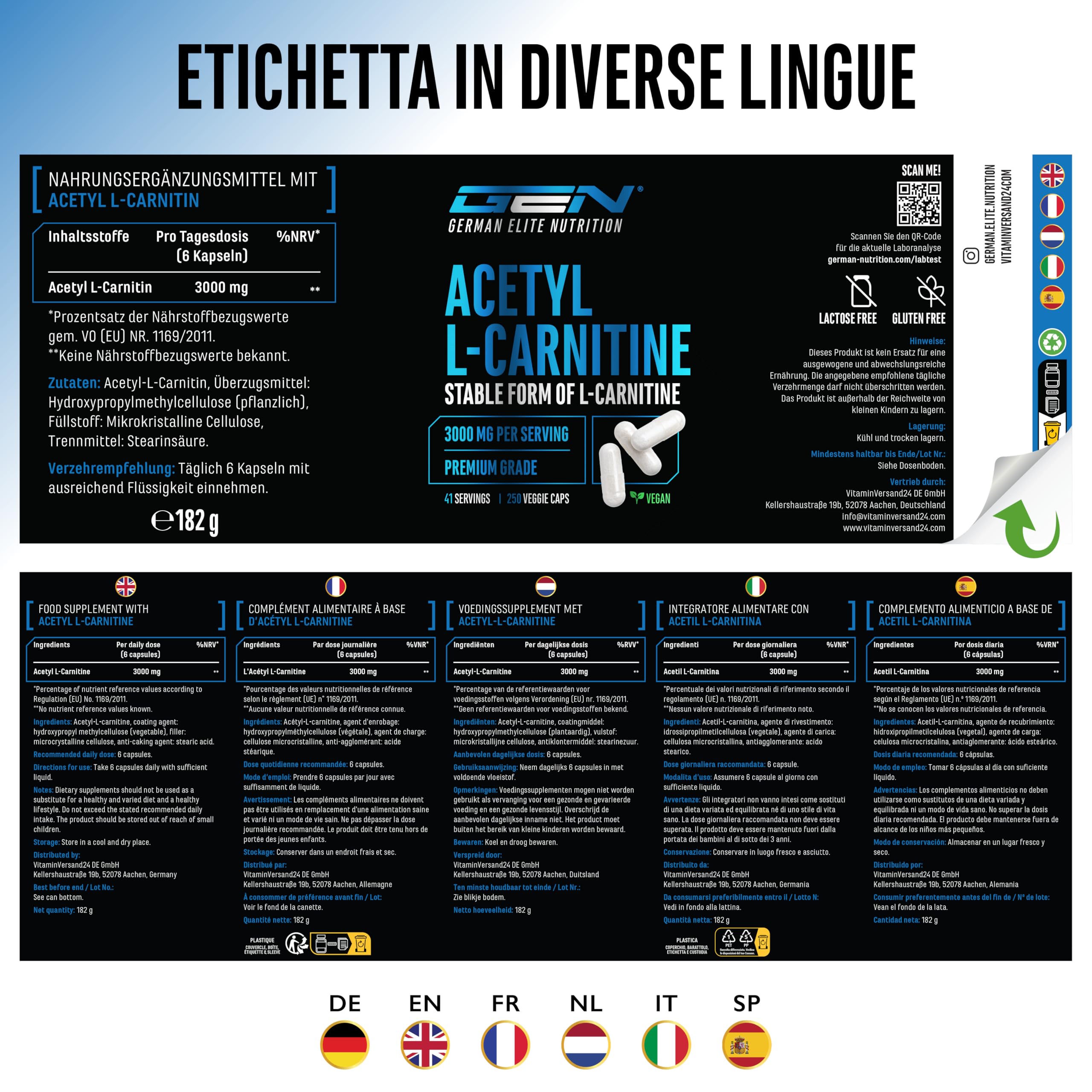 Acetyl-L-carnitina - 250 capsule vegane - 3000 mg per porzione giornaliera - Forma acetilata di L-carnitina di alta qualità - Extra ad alto dosaggio & qualità premium