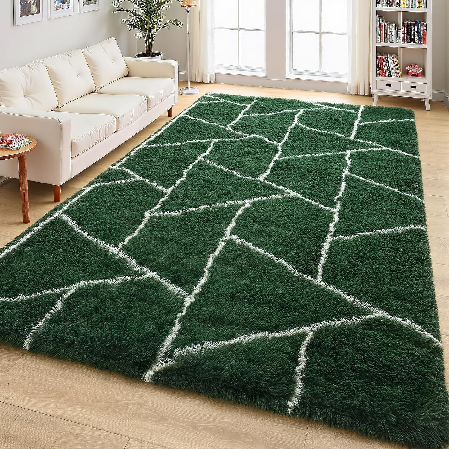 Area Rugs for Living Room Bedroom, Washable Non-Slip 5x7 Feet Green White Throw Rug, Soft Plush Shaggy Fluffy Geometric Carpet for Nursery Kids Girls Boys Teen Dorm Home Office Decor