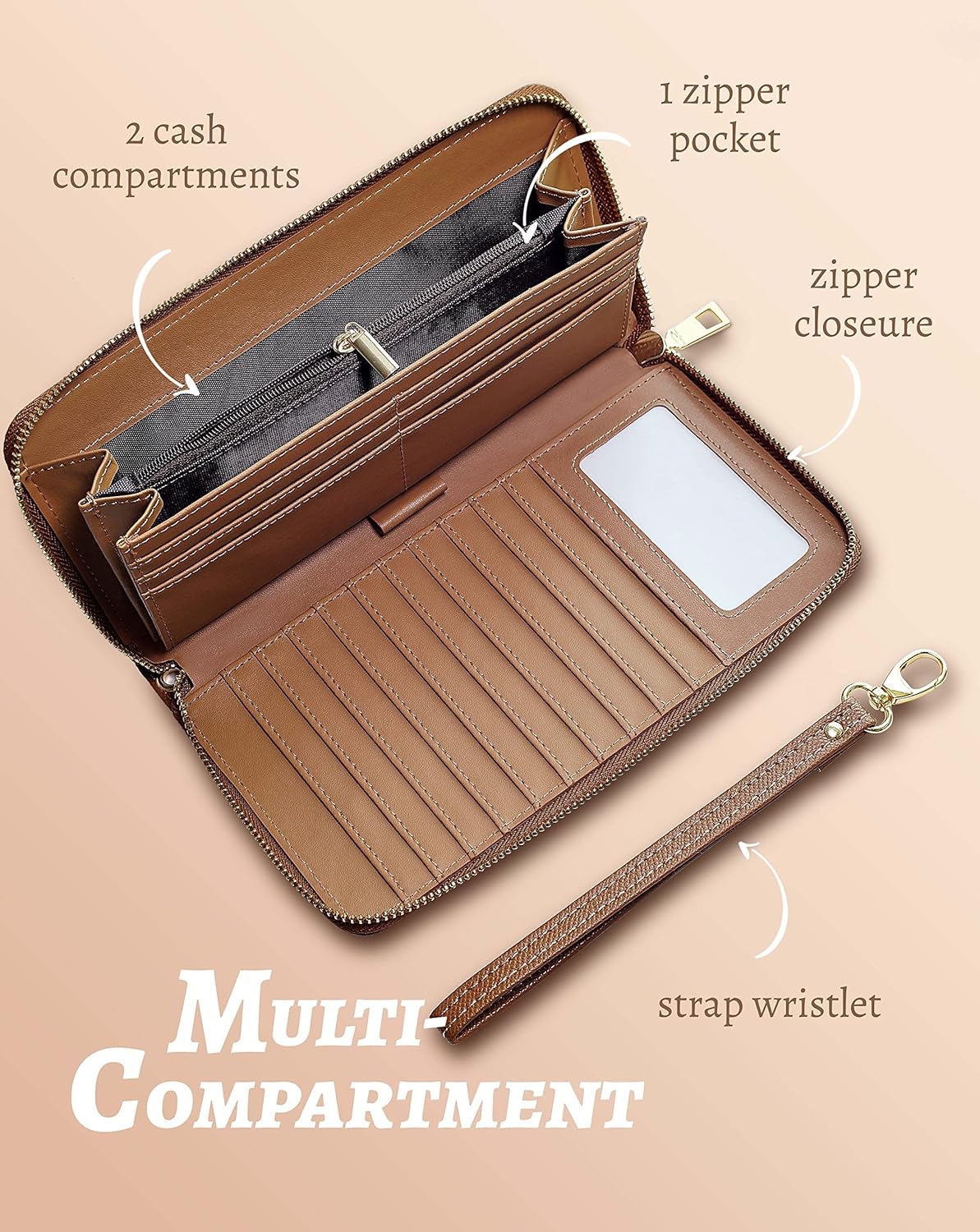 Yarnic Brown Women's Wallet Wristlet Band Wallet Credit Card Wallet Holder Money Pockets Women Clutch Case Coin Money Clip Organizer Purse with RFID Blocking Large Capacity with Zipper Tan - Image 5