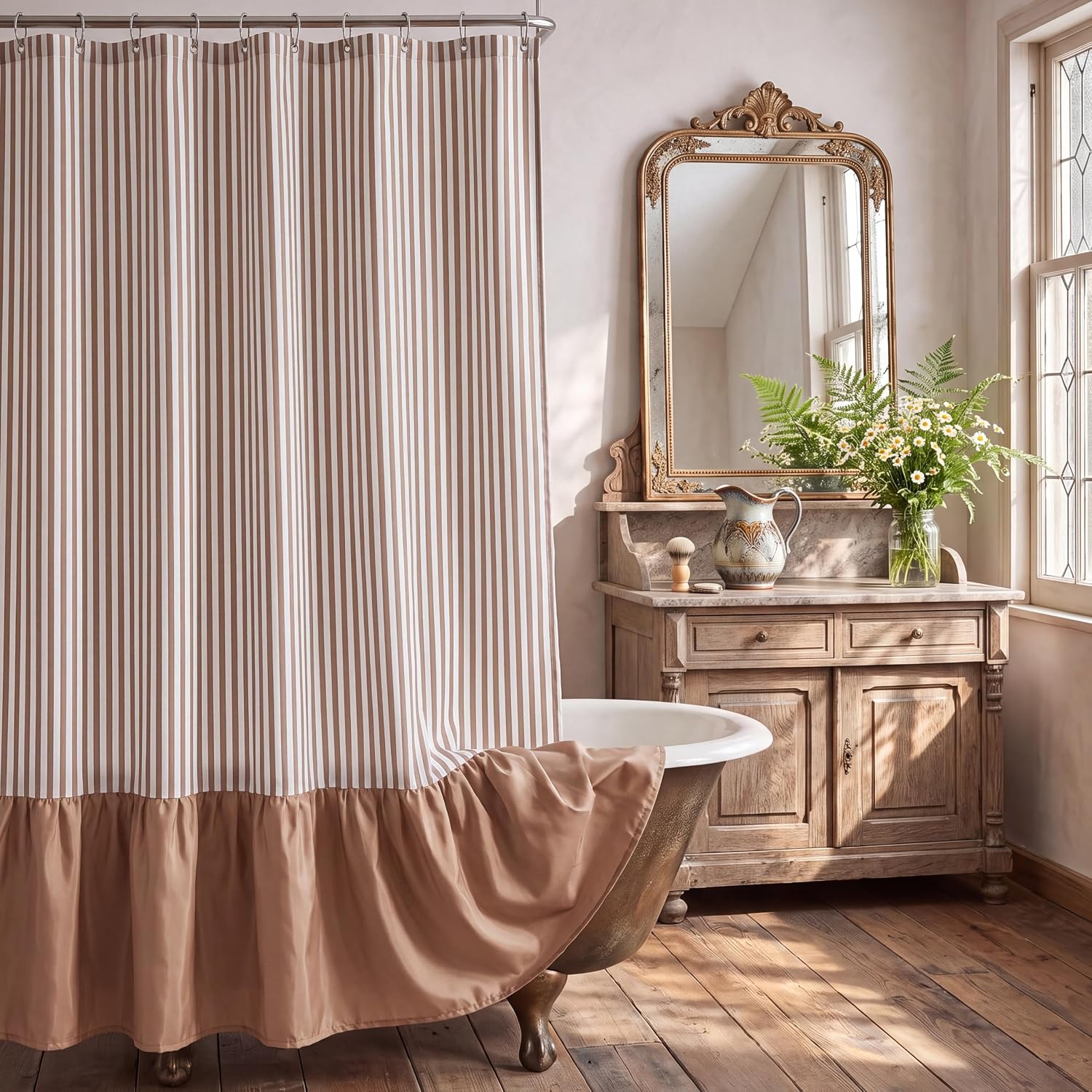 Panelee Brown Ruffle Shower Curtain Striped Shower Curtain Boho