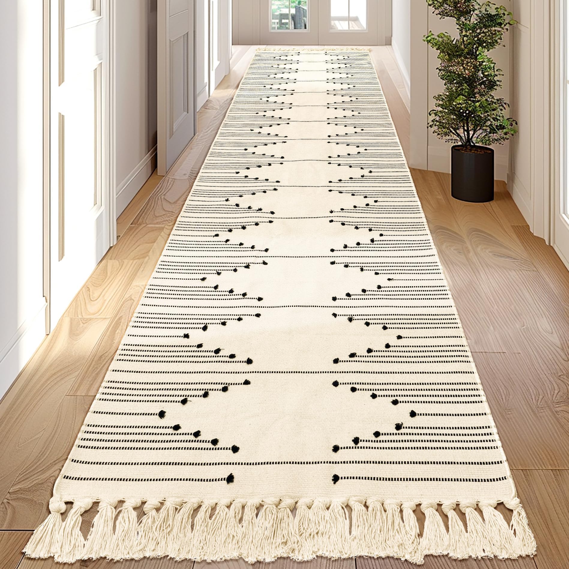 Tritard Boho Hallway Runner Rug 2x12 - Washable Lightweight Area Rug Farmhouse Aztec Cotton Long Rugs with Tassels Kitchen Bathroom Woven Low Pile