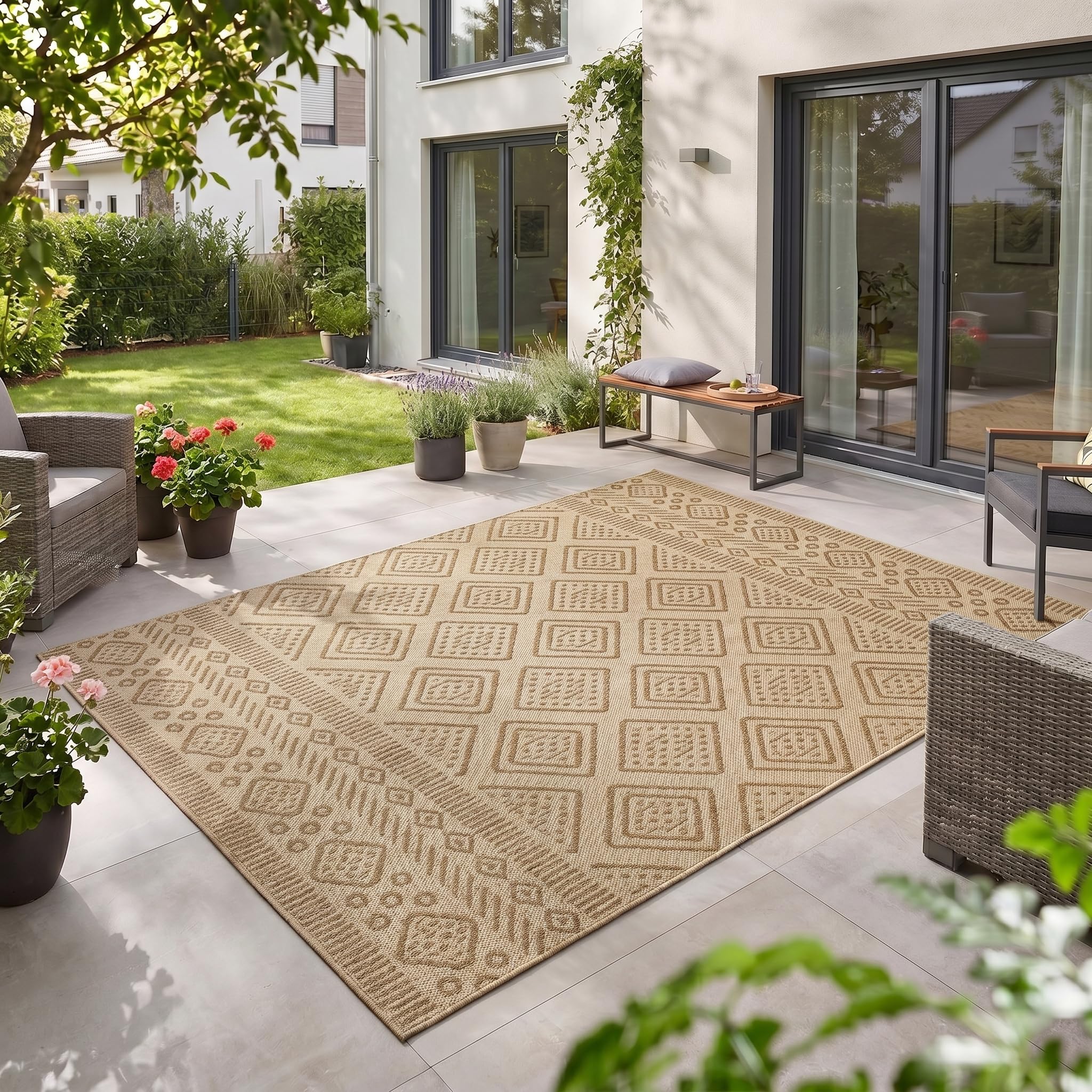 Teppium Outdoor Teppich Beige Balkon Terrasse Garten Wetterfest UV-beständig Teppich Einfarbig Flachgewebe Pflegeleicht Robust Modern