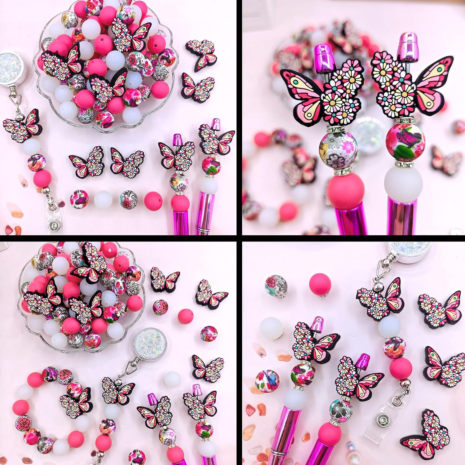 55 Flower Silicone Beads Bulk Butterfly Focal Bead for Pen Keychains Making Kit 15mm Colorful Round Loose Beads for Necklace Bracelet Bag/Phone Chain Makings Suitable for DIY Jewelry