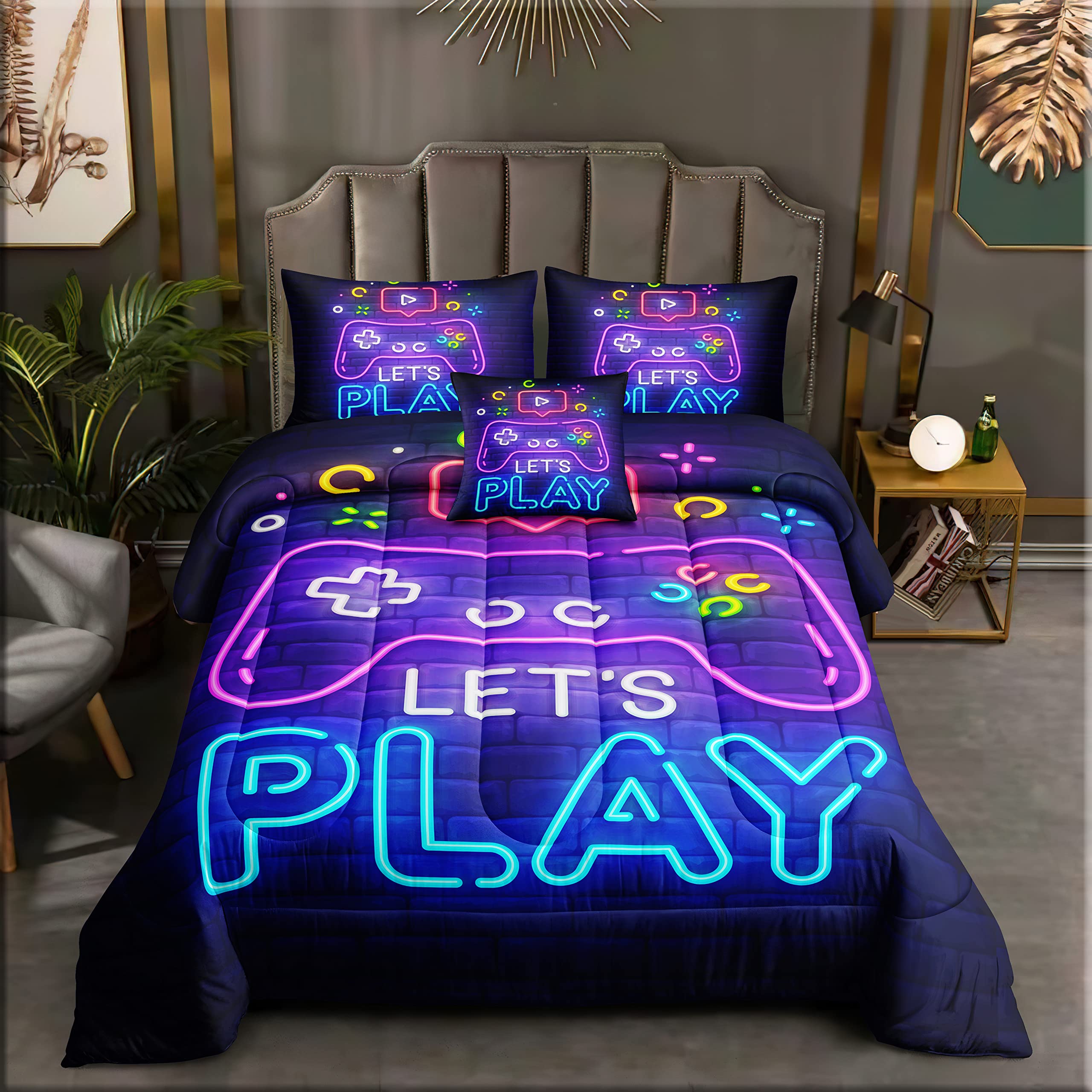 ROWADALO 6 Pieces Gamer Bedding Set for Boys Gaming Comforter Full Size, Game Controller Comforter for Teen 3D Gamepad Microfiber 6 Piece Bed in A Bag Kids Bedding Sets with Sheets,DJT H5030 Full