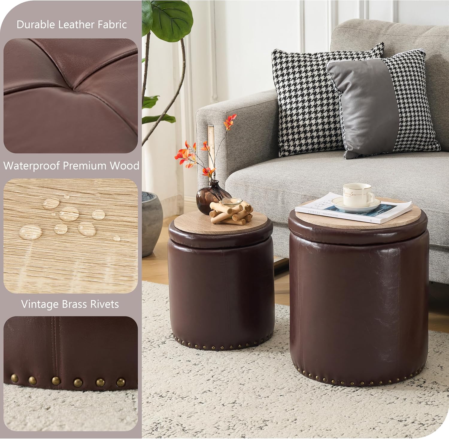 Royal Windsor Round Ottoman with Storage Set of 2, Faux Leather Button Tufted Vanity Stool, Storage Ottoman Coffee Table, Small Leather Foot Rest Stool for Living Room, Bedroom, Coffee
