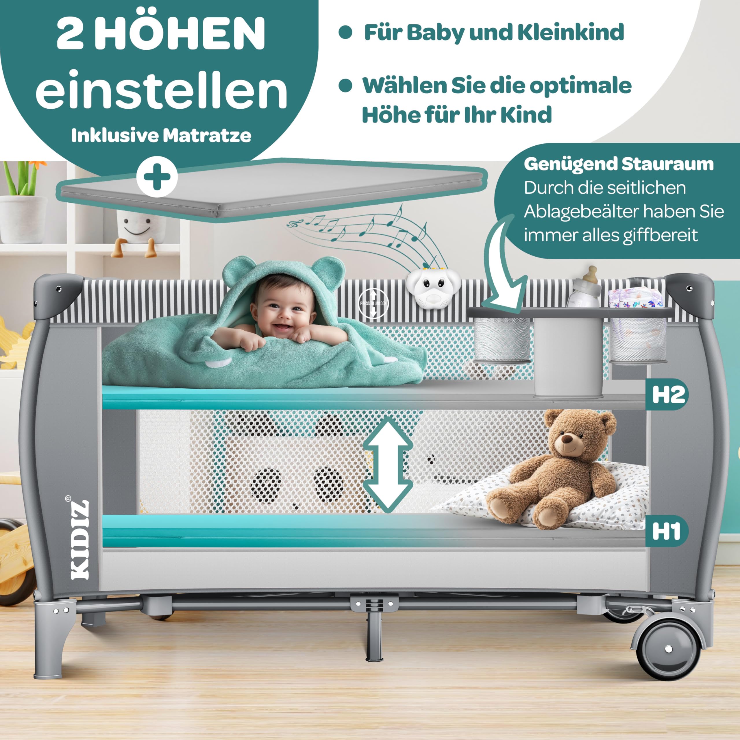 Kidiz Babybett Reisebett klappbar mit Matratze & Räder 120x60 Seiteneingang Wickelauflage Moskitonetz Tragetasche ab Geburt bis 15 kg Grau