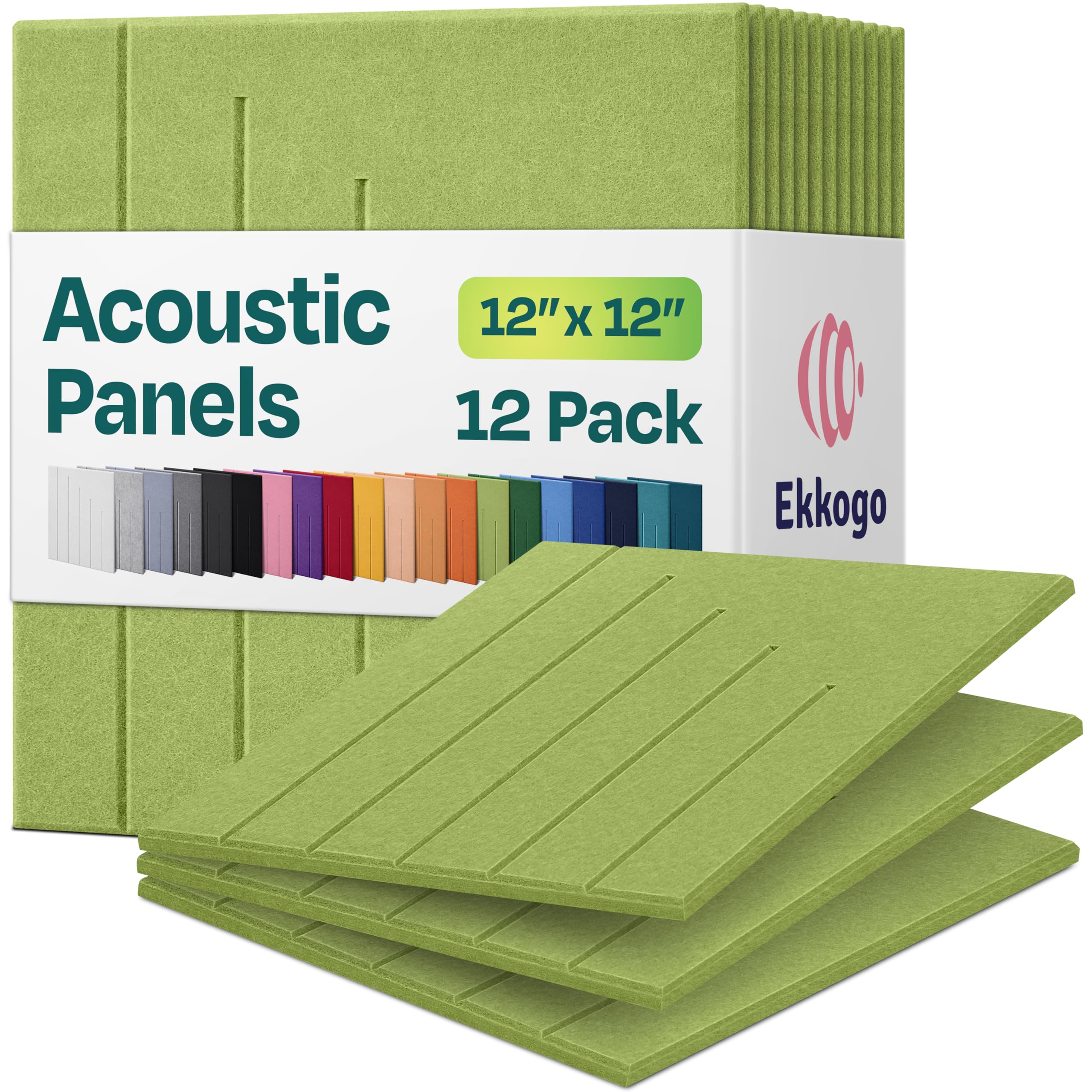 Acoustic Panels 12-Pack Soundproof Wall Panels 12"x12"x0.4" Decorative Sound Dampening for Your Home, Office, Studio, Bedroom & More with Unique LineWave Carving [Gin Green]