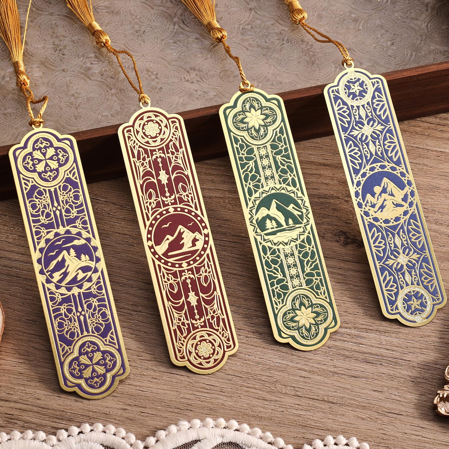4 Pieces Metal Bookmarks with Tassel, Golden Hollow Bookmark Oil Painting Theme Book Mark Bookmarks for Book Lovers Writers Readers Children Teens Men Women Adults: 4Pcs Mountain