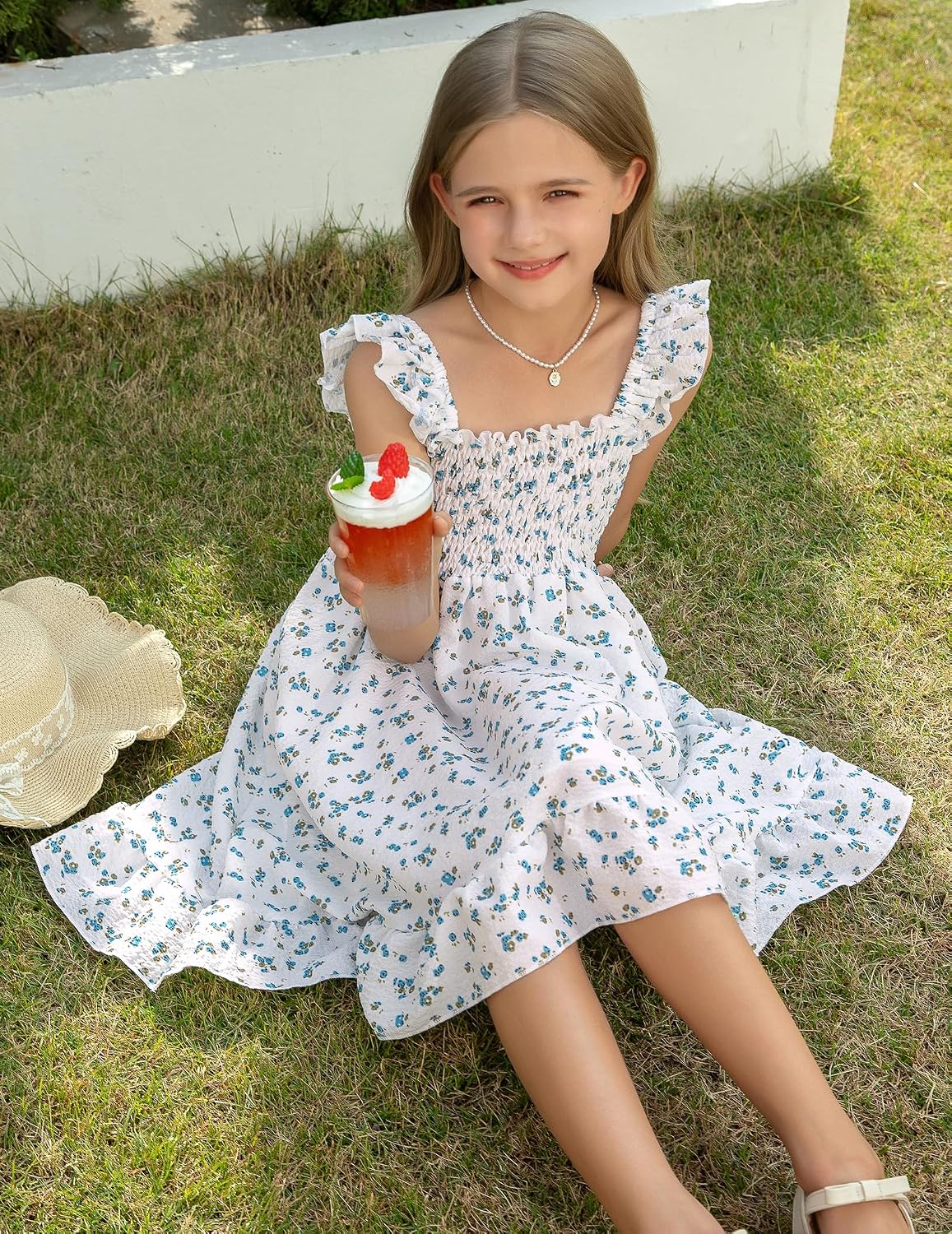 Girls Summer Dress Floral Ruffle Sleeve Off-Shoulder Dresses A-line Sundress for Tween Girls Casual Beach Wedding Dress