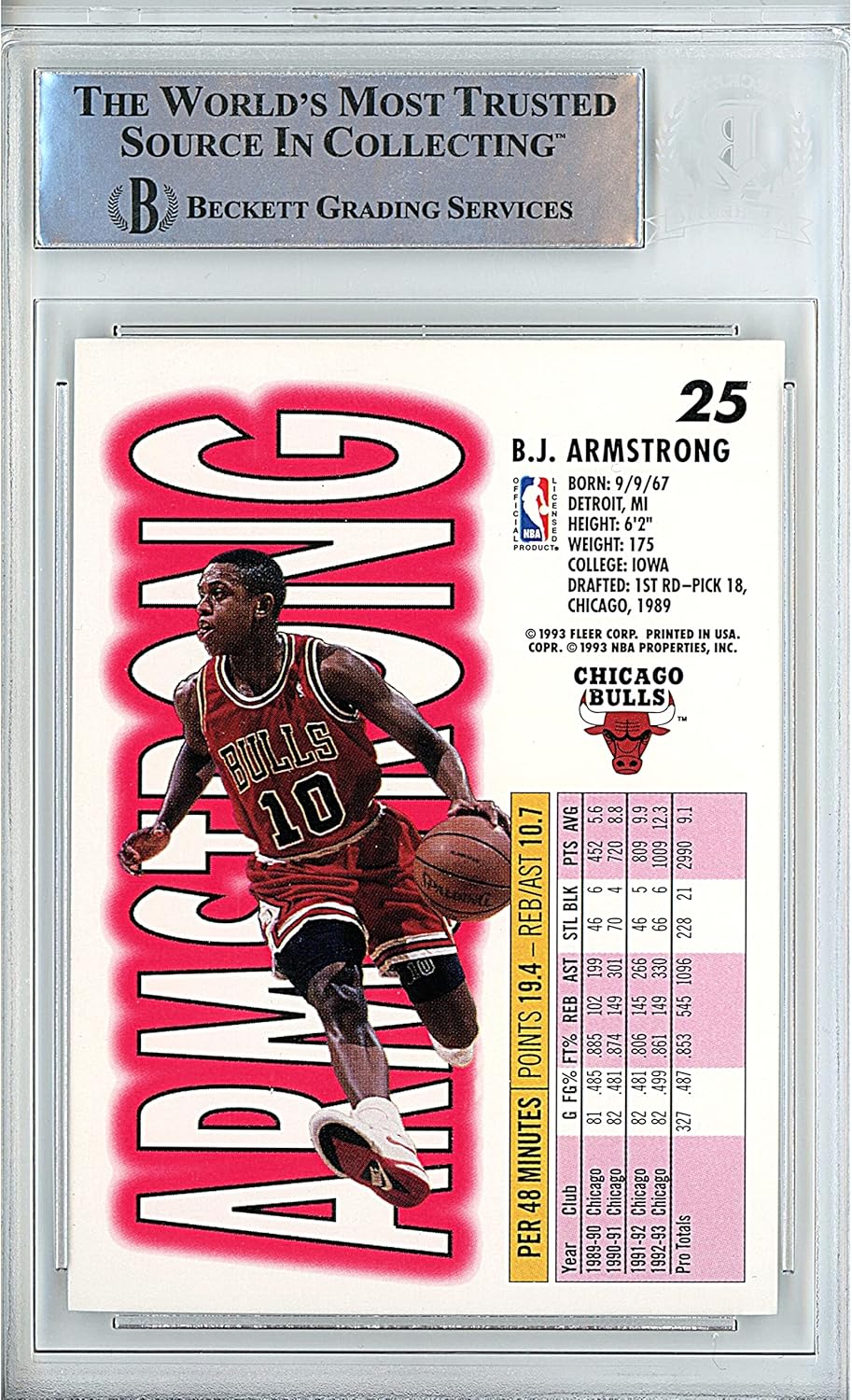 BJ Armstrong Autographed 1993 1994 Fleer #25 Basketball Trading Card Slab Beckett BAS Authentic Slabbed COA Played For Chicago Bulls NBA