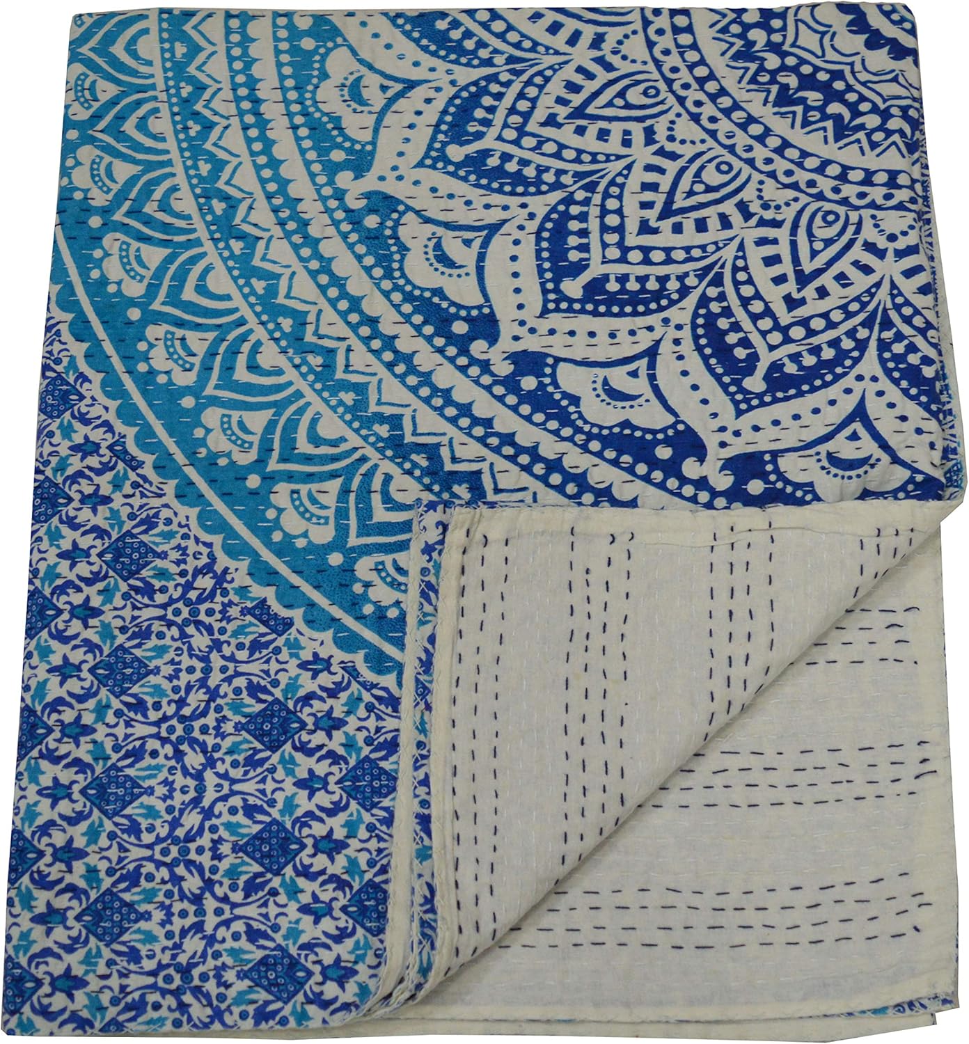SHIRANYA Cotton Kantha Quilt Bedspread Queen Indian Handmade Mandala Print Throw Blanket Reversible Traditional Patchwork Stitched Bedding Comforter Decorative (80x90 Inch)