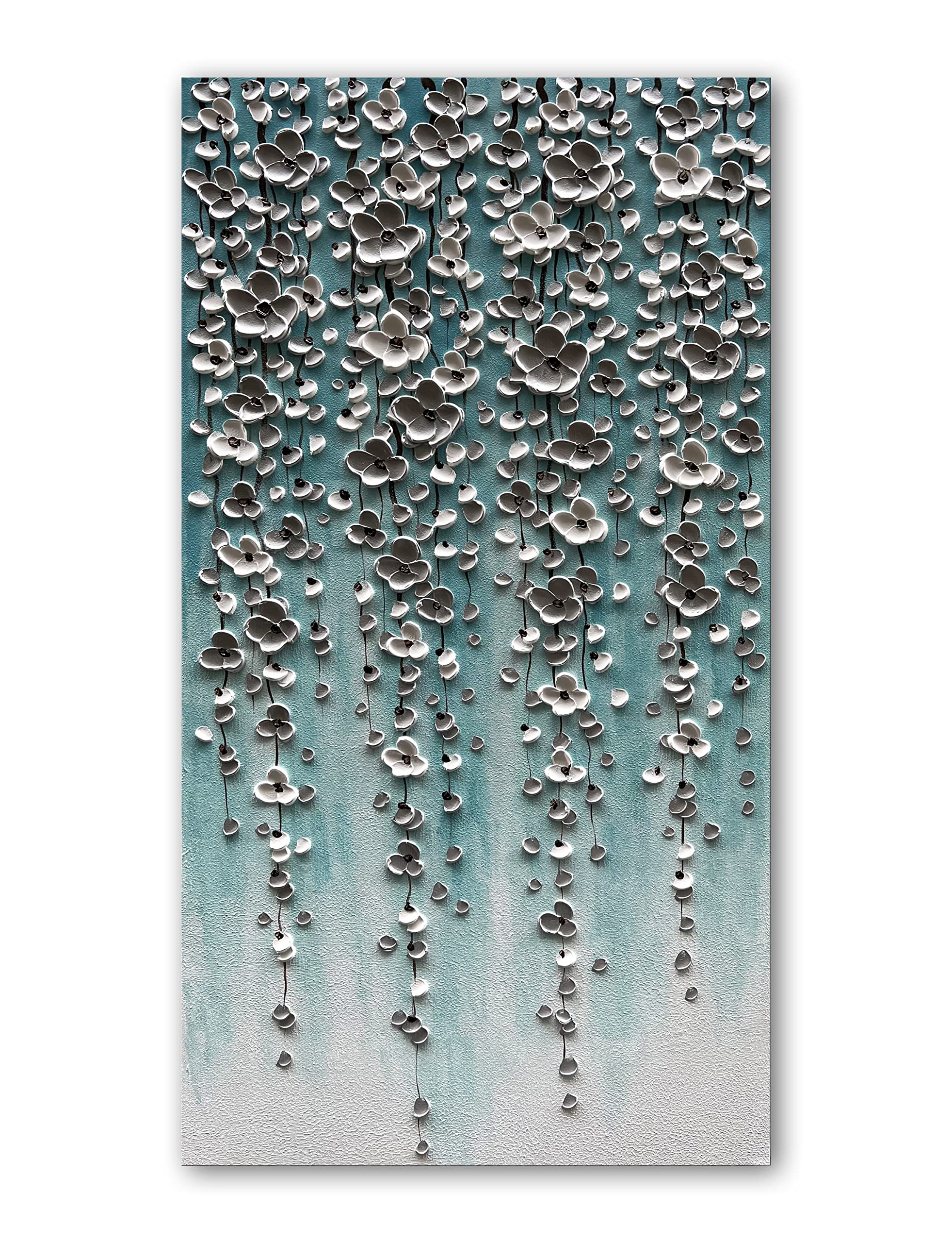 epicler large-scale oil painting on canvas wall art,46x23 inches hand-painted white flower wall painting, abstract canvas wall art for home wall decoration