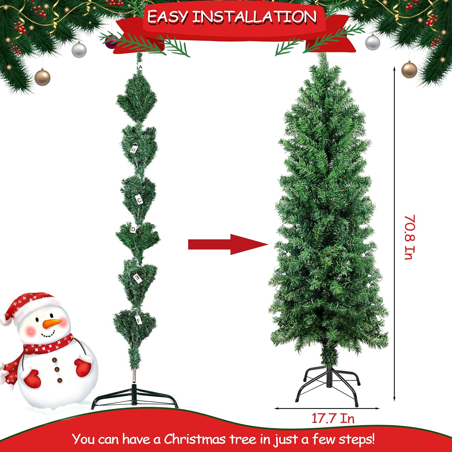 Suunyglade 5.5FT Green Artificial Christmas Tree, Premium Hinged Pine Tree with Solid Foldable Metal Legs, Pencil Shape Christmas Tree Perfect for Home, Shops and Holiday Decoration