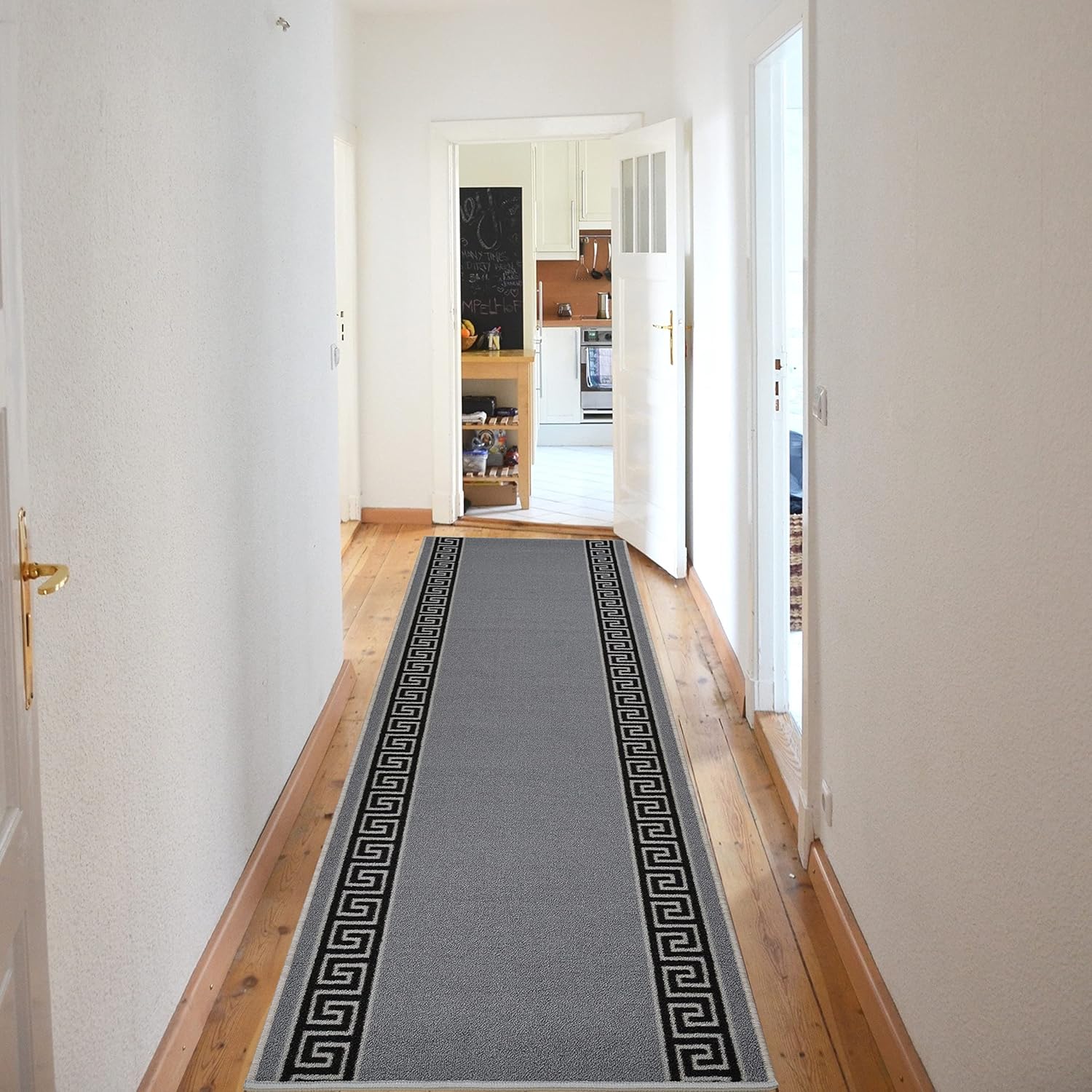 Extra-Long Custom Length Slip-Resistant Runner Rug with Low Pile Absorbent, Stain-Resistant, and Washable. Perfect for Entryways, Hallways, Kitchen 26 in x 10 ft, Meander Grey