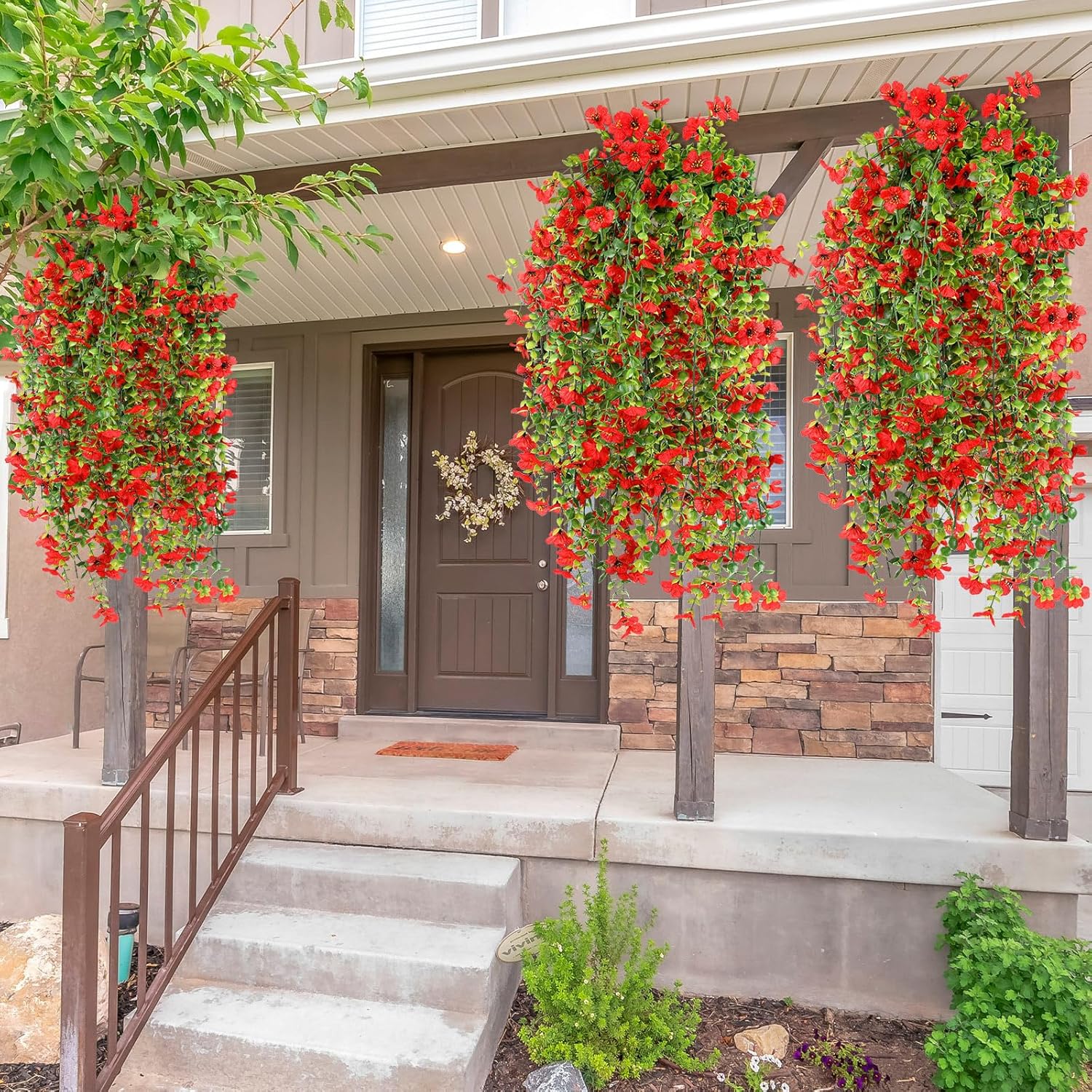 6 Pcs Spring Artificial Hanging Flowers Outdoor Faux Silk Mum Plant Decor Violet with Eucalyptus Realistic UV Resistant Trailing Vine Spring Porch Yard(Red,Violet) - Image 5