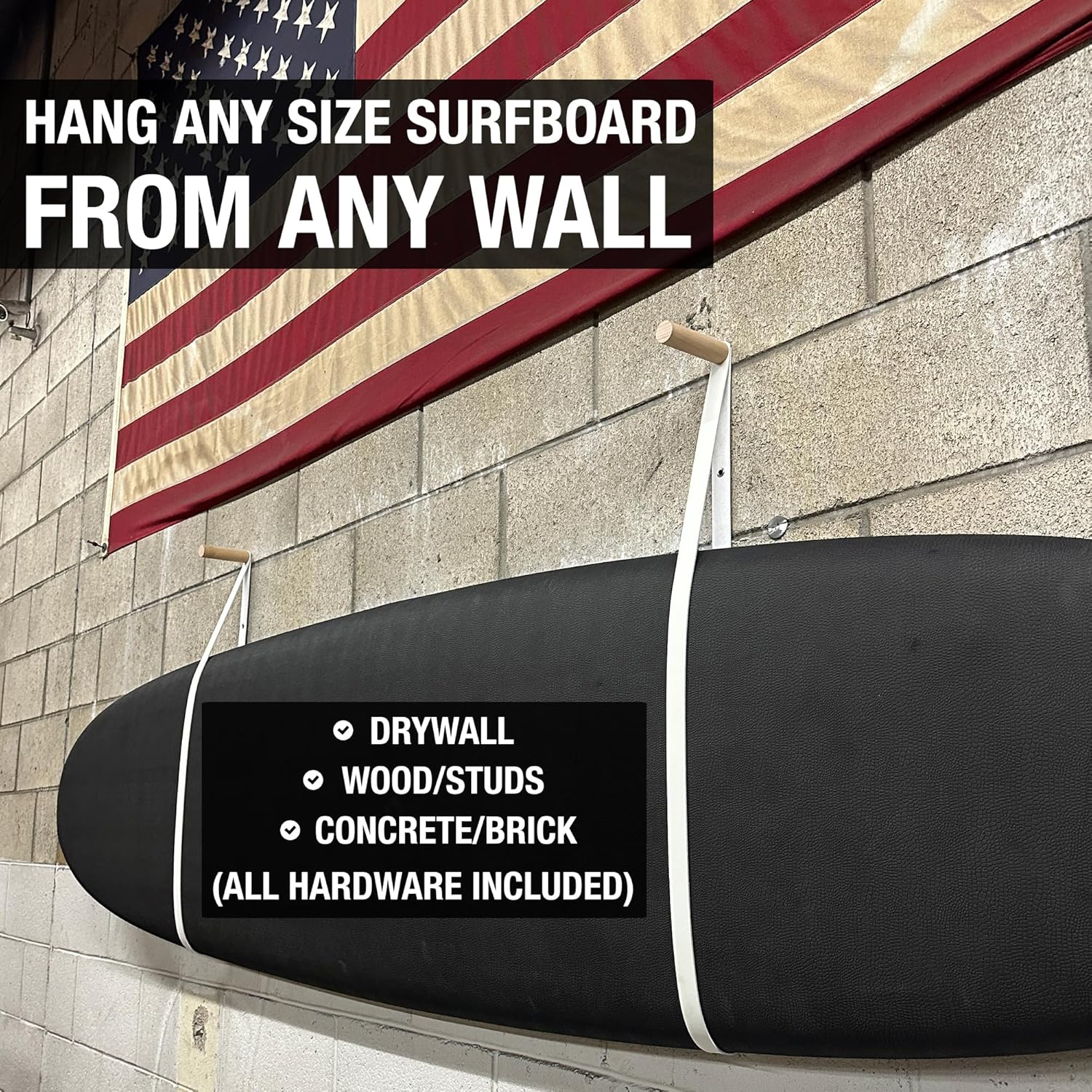 Ho Stevie! Surfboard Wall Mounts - Wood Pegs + Leather Straps - Hang Any Surf Board - Easy Installation